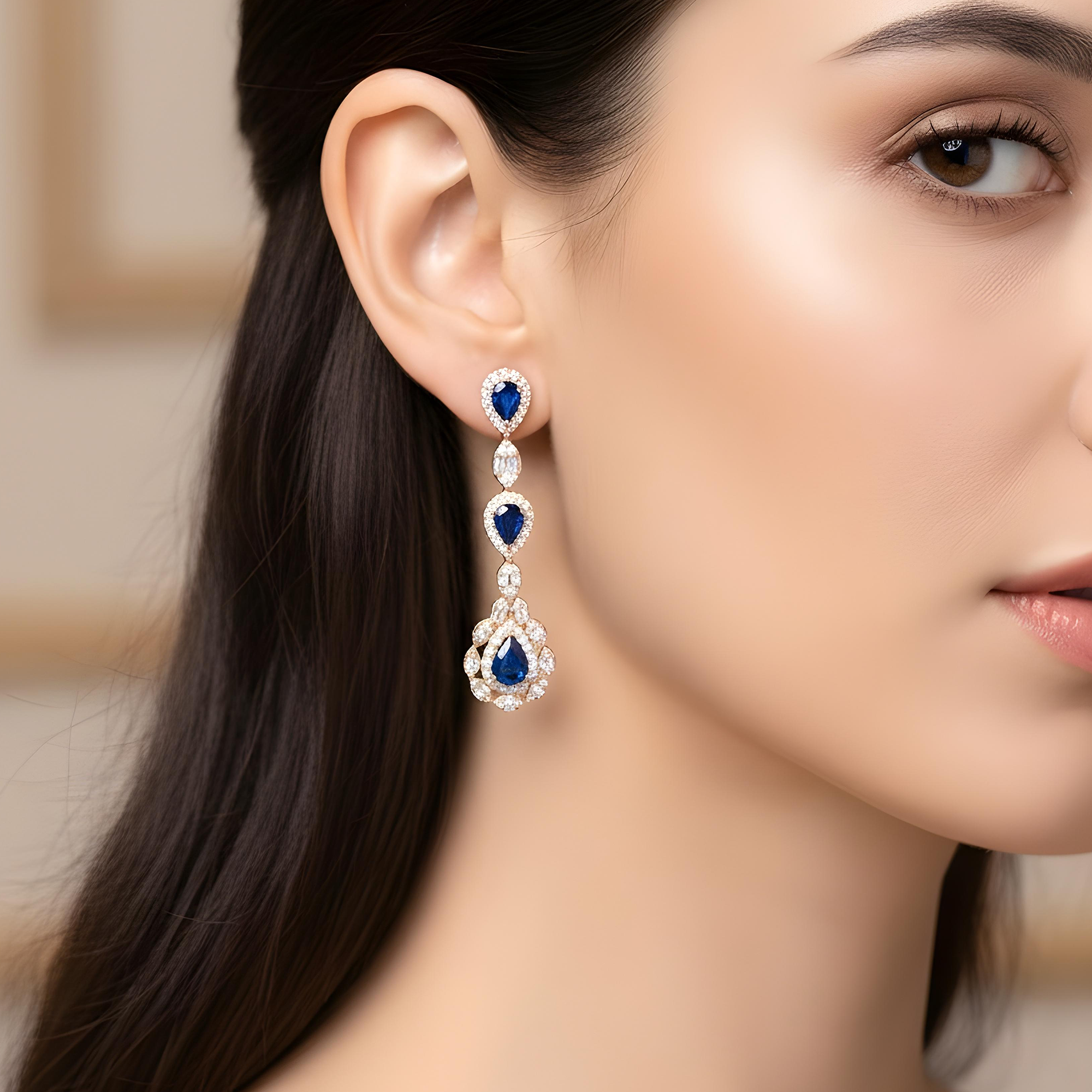 14K White Gold Pear Cut Sapphire & Diamond Drop Earrings