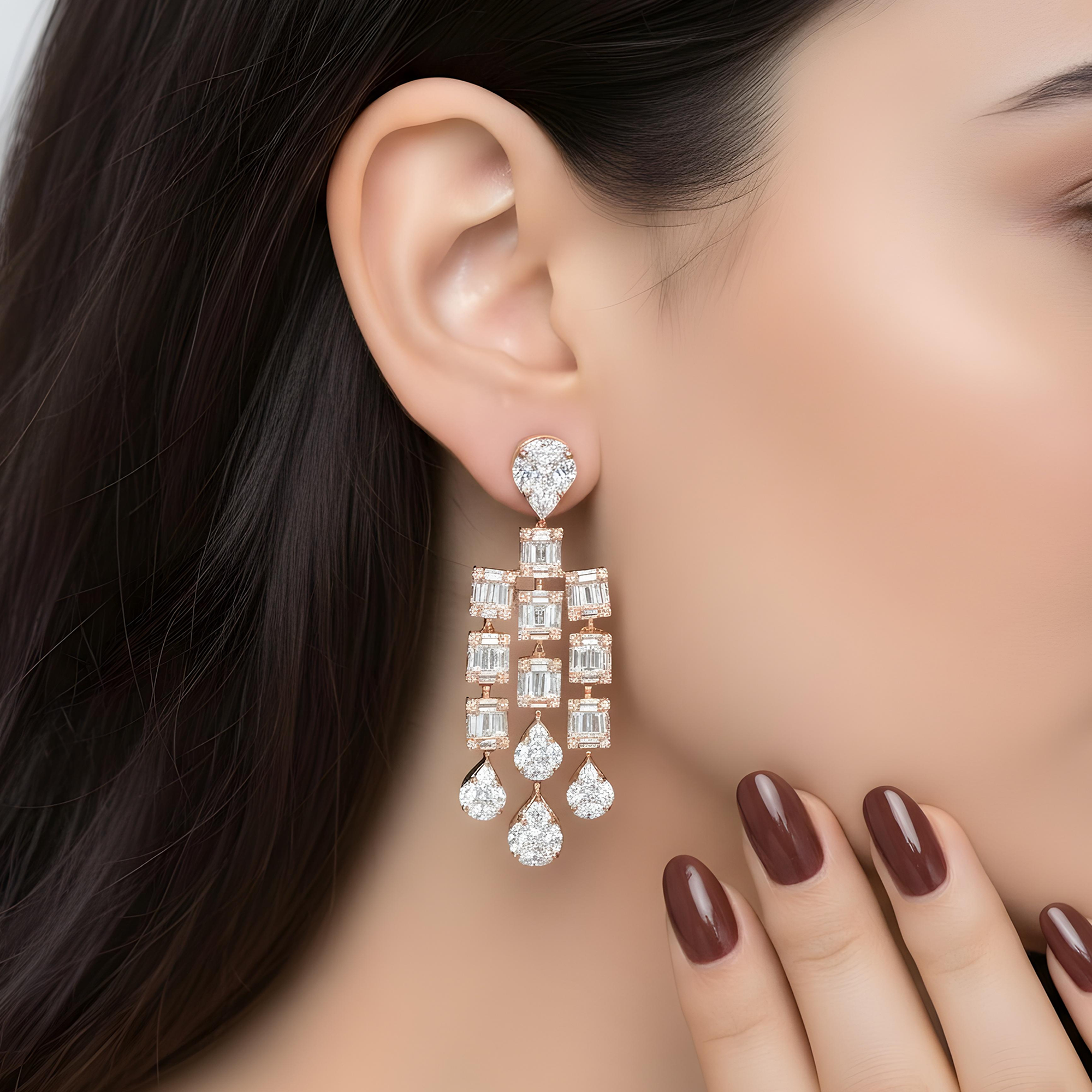 14K White Gold Triple Tier Baguette Diamond Drop Earrings 4.37ctw