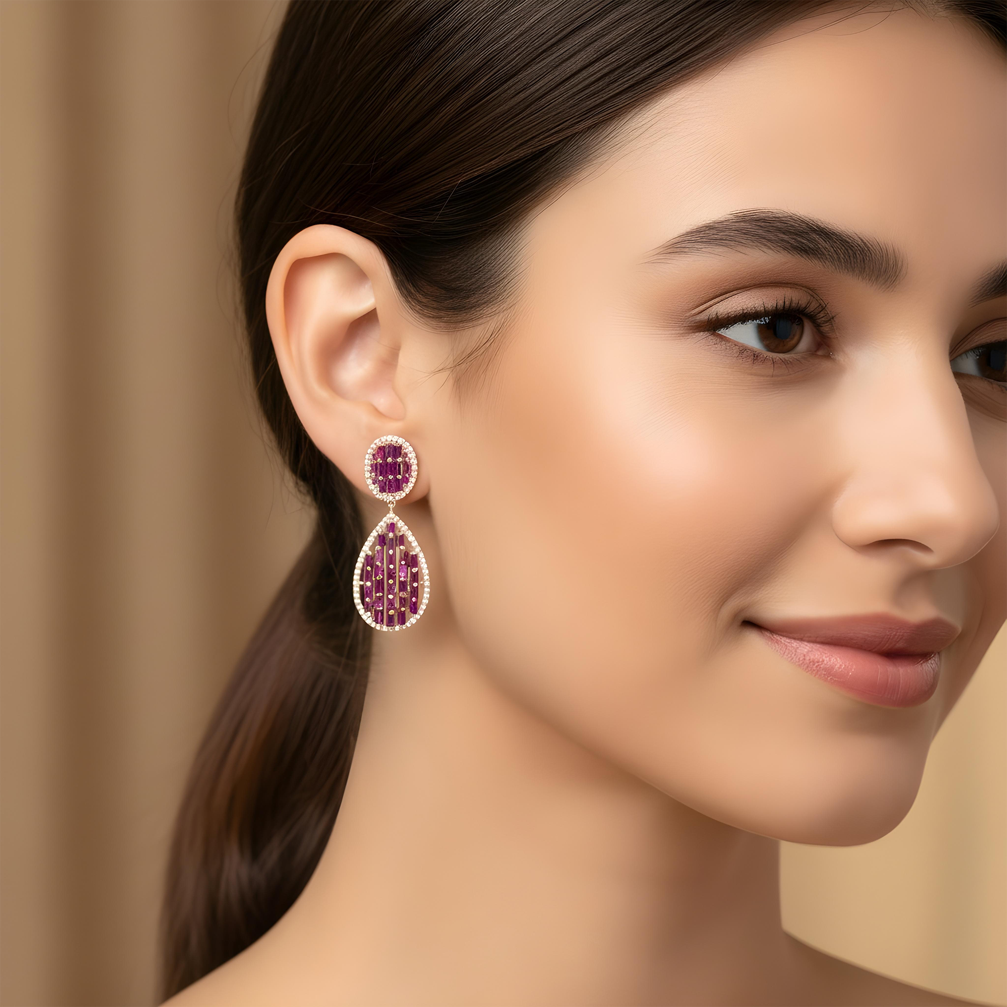 14K Yellow Gold Emerald Cut Pink Sapphire & Diamond Drop Earrings