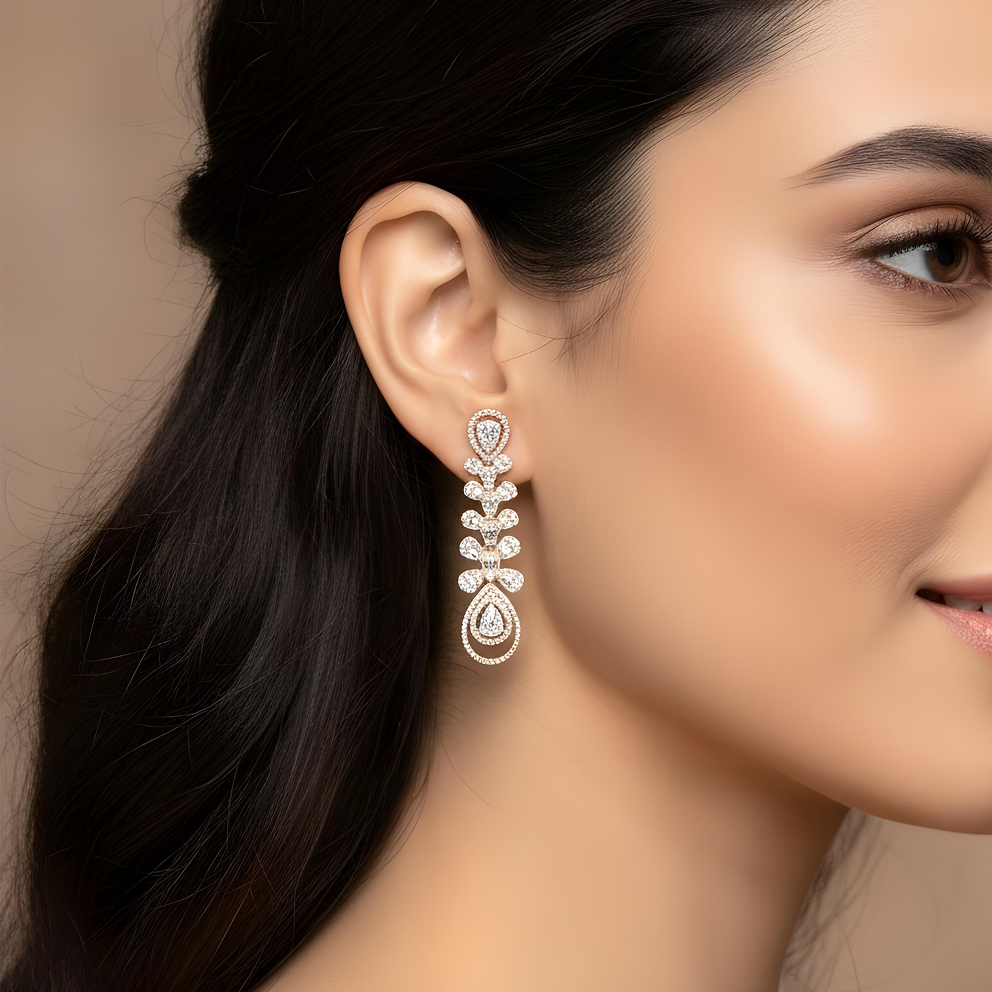 14K White Gold Peacock Feather Diamond Drop Earrings 2.92ctw