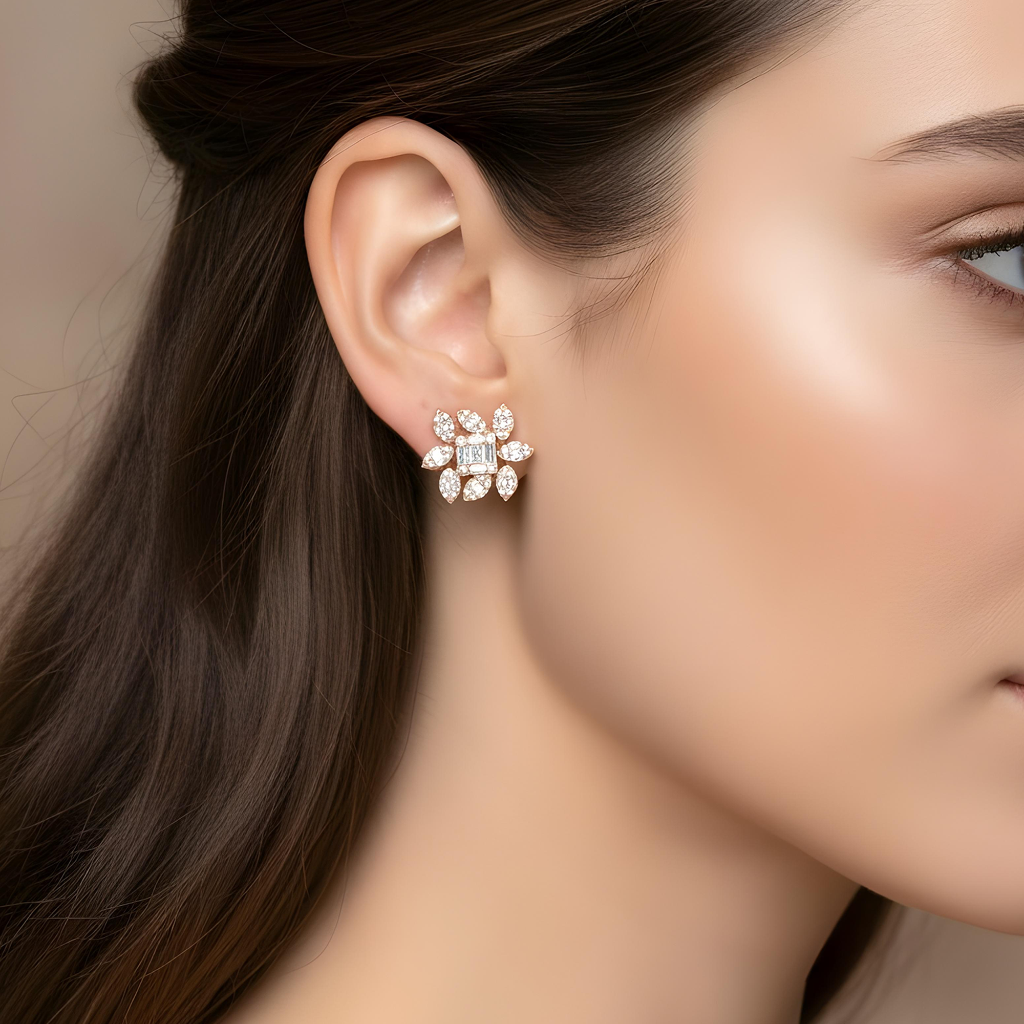 14K White Gold Baguette Diamond Flower Stud Earrings 3.35ctw