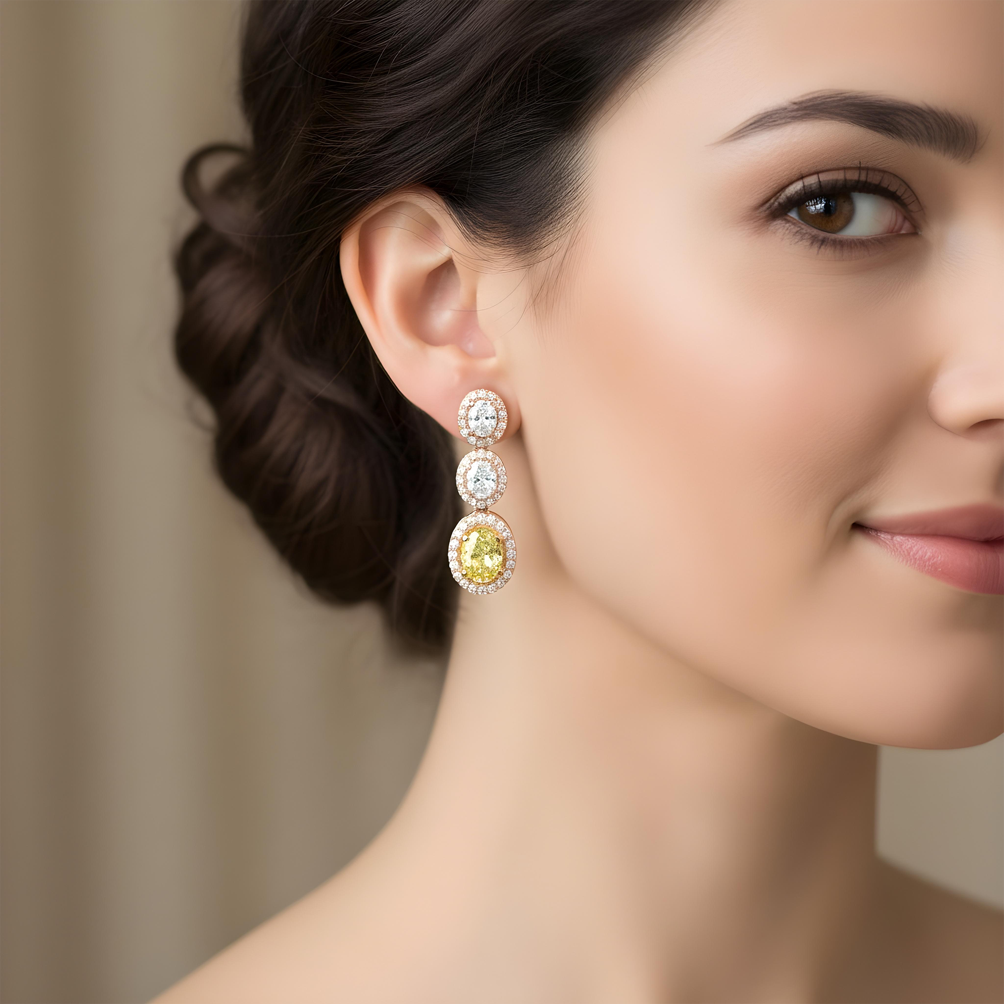 14K White Gold Fancy Yellow & White Oval Cut Diamond Drop Earrings 3.05ctw