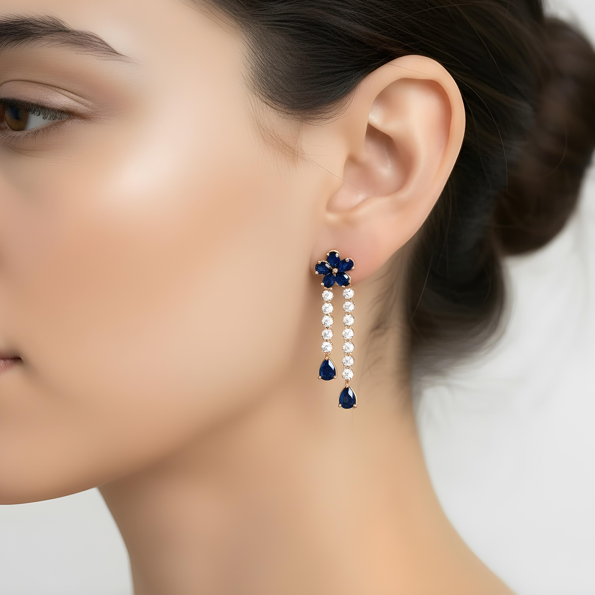 14K White Gold Sapphire & Diamond Flower Drop Earrings 4.40ctw