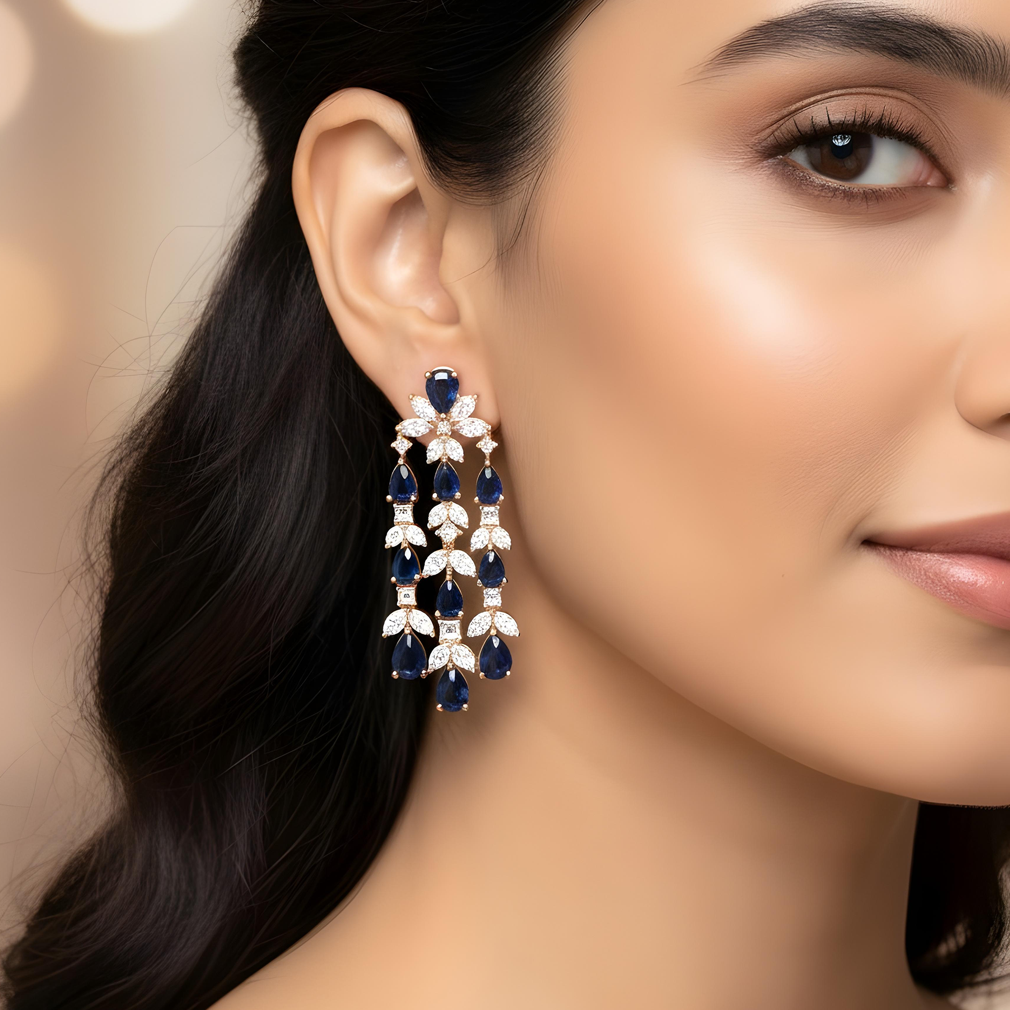 14K White Gold Three Tier Sapphire & Diamond Drop Earrings