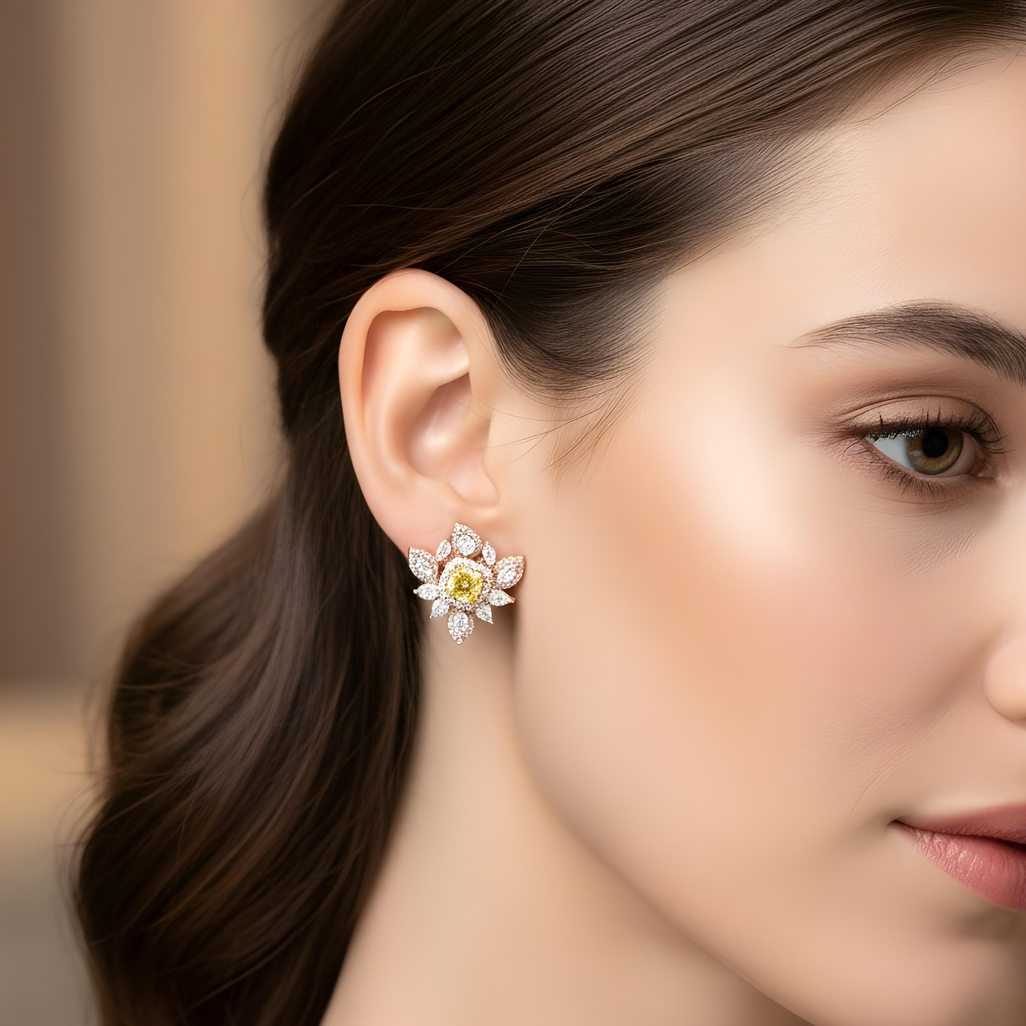 14K White Gold Canary Yellow Diamond Cluster Stud Earrings 5.16ctw
