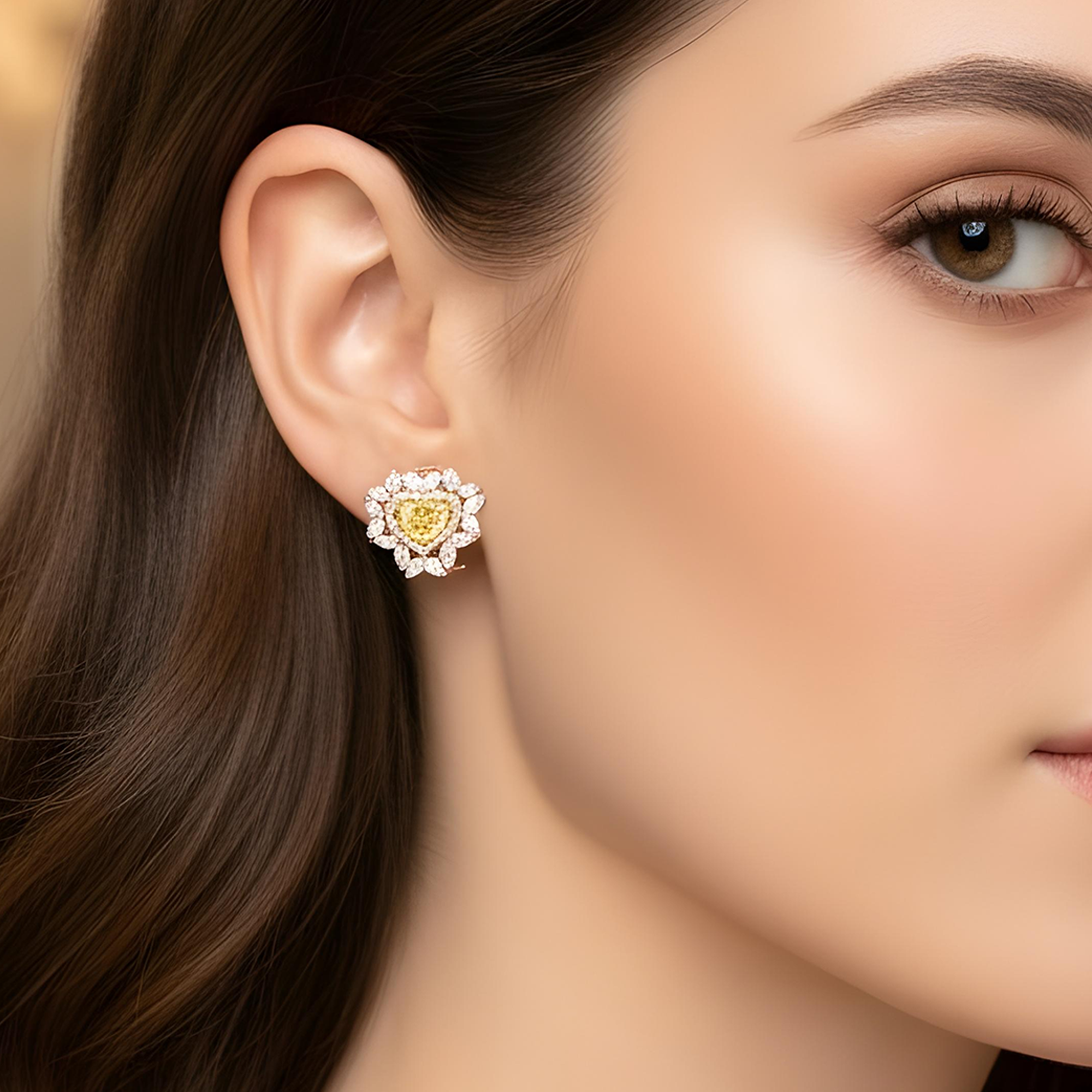 14K White Gold Heart Cut Canary Yellow Diamond Stud Earrings 5.30ctw