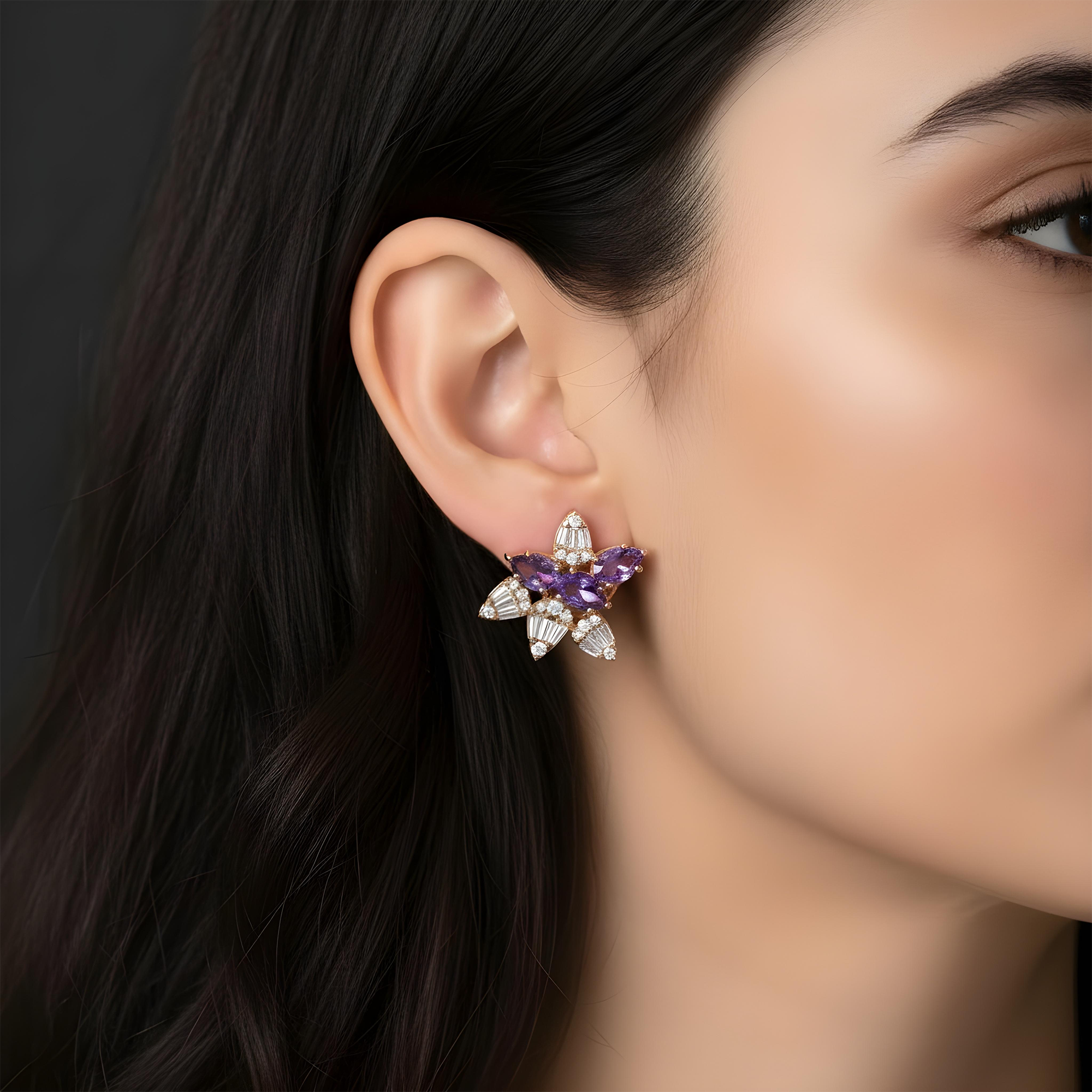 14K Yellow Gold Amethyst Gemstone & Diamond Stud Earrings