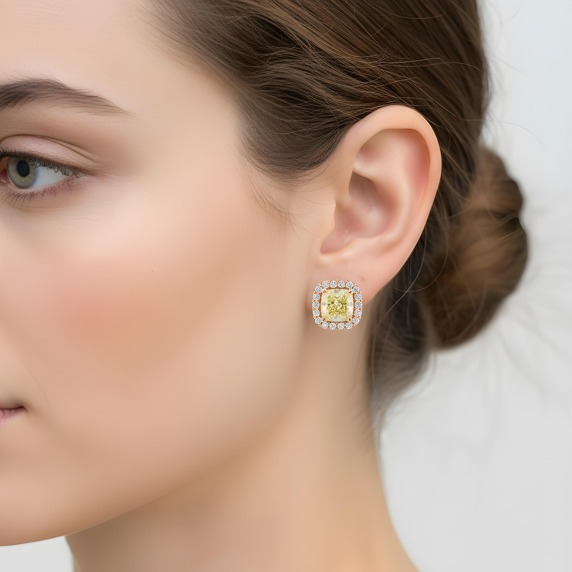 14K Two Tone Cushion Cut Fancy Yellow Diamond Stud Earrings 3.68ctw