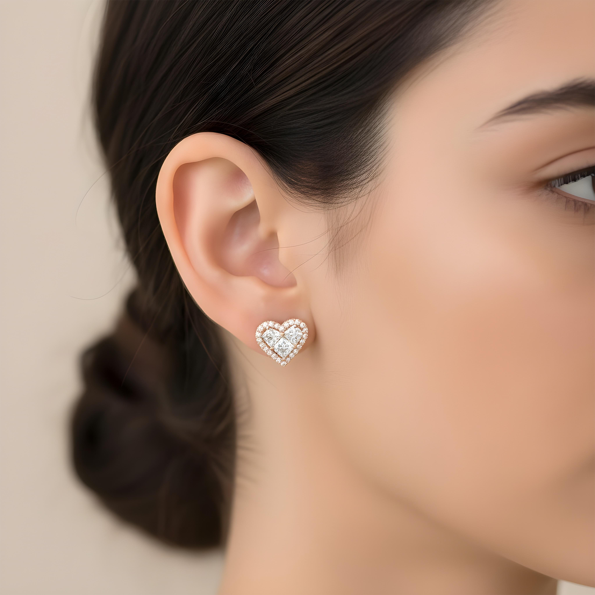 14K White Gold Baguette & Round Diamond Heart Stud Earrings 1.40ctw