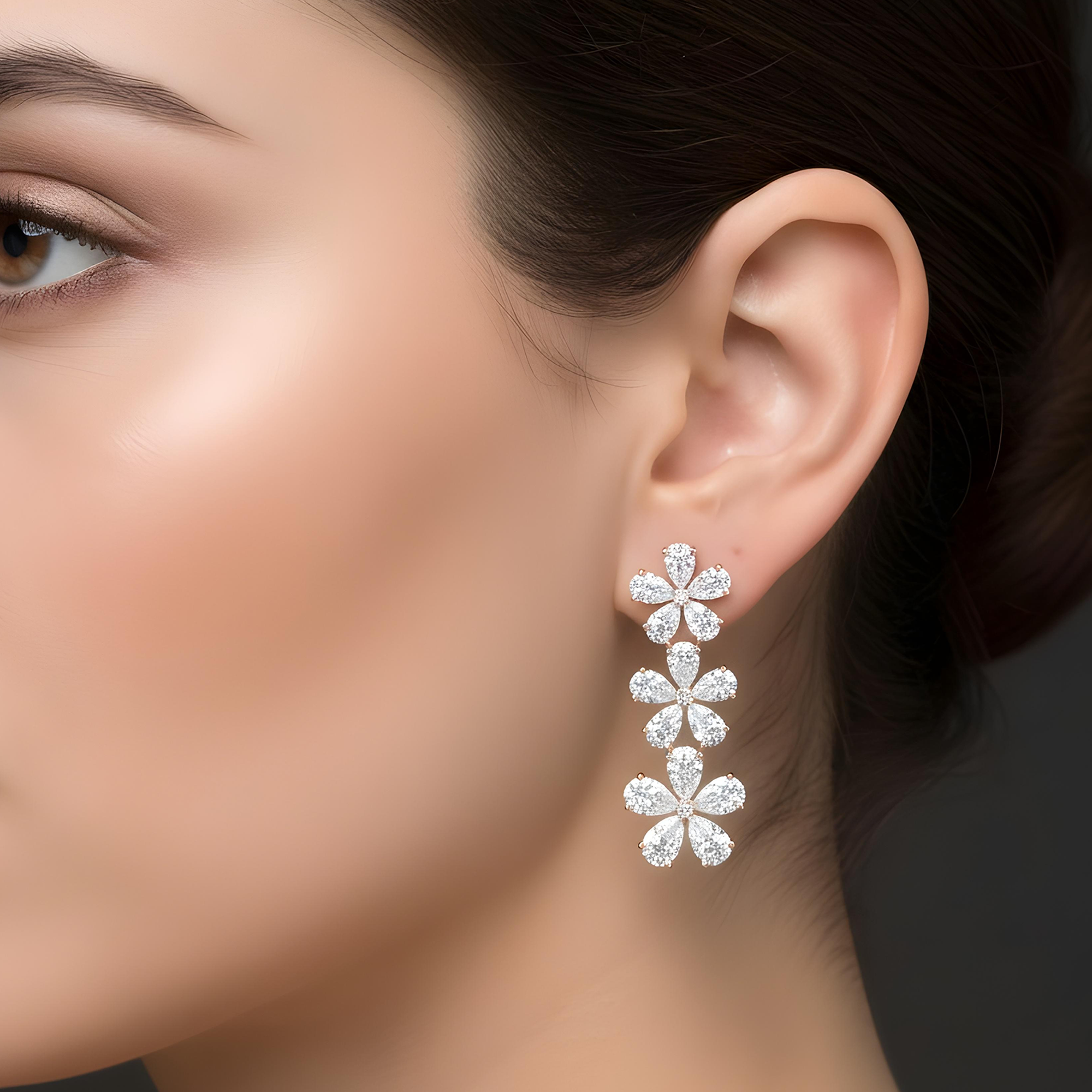 14K White Gold Pear Cut Diamond Flower Drop Earrings 12.79ct