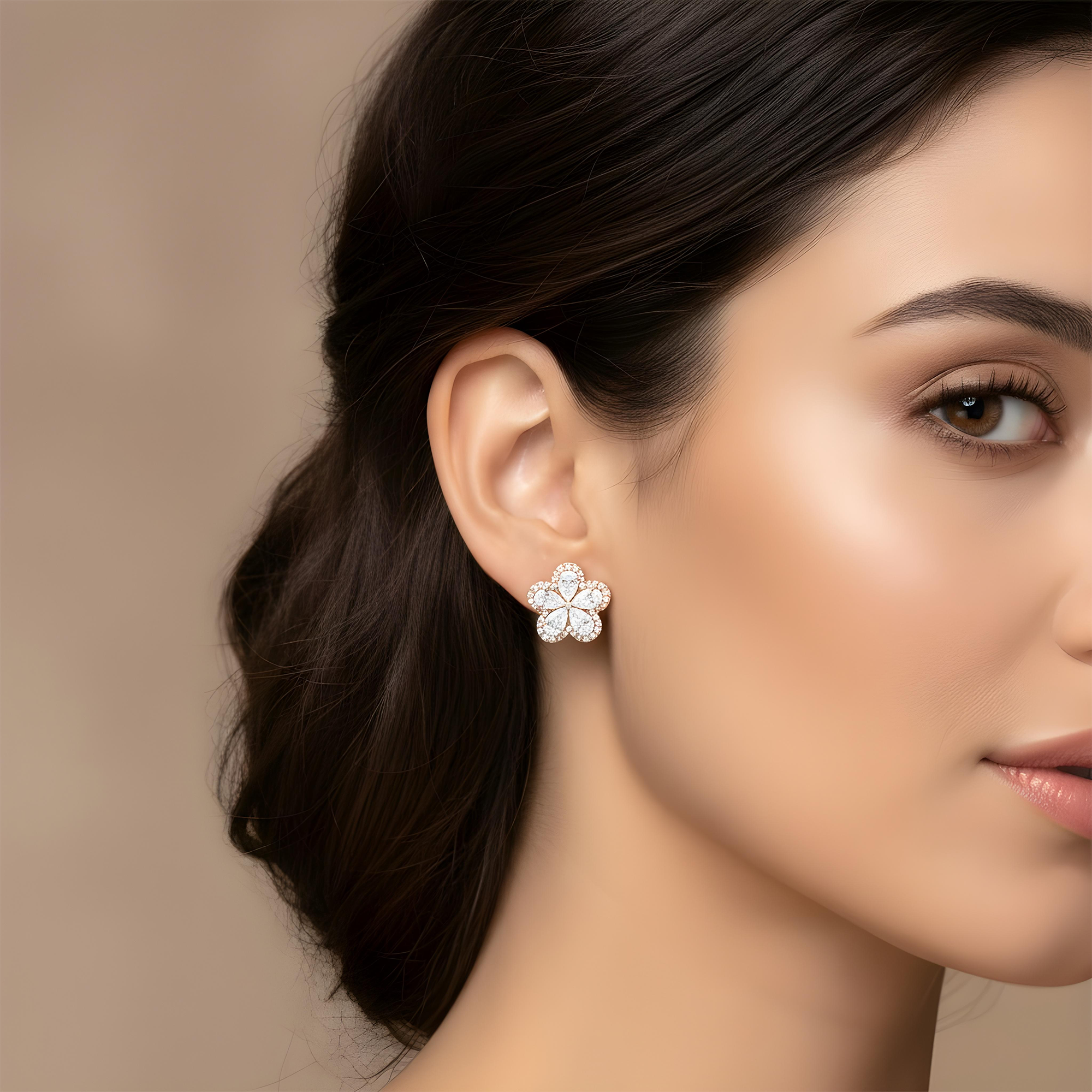 14K White Gold Pear Cut Diamond Flower Stud Earrings 2.81ctw