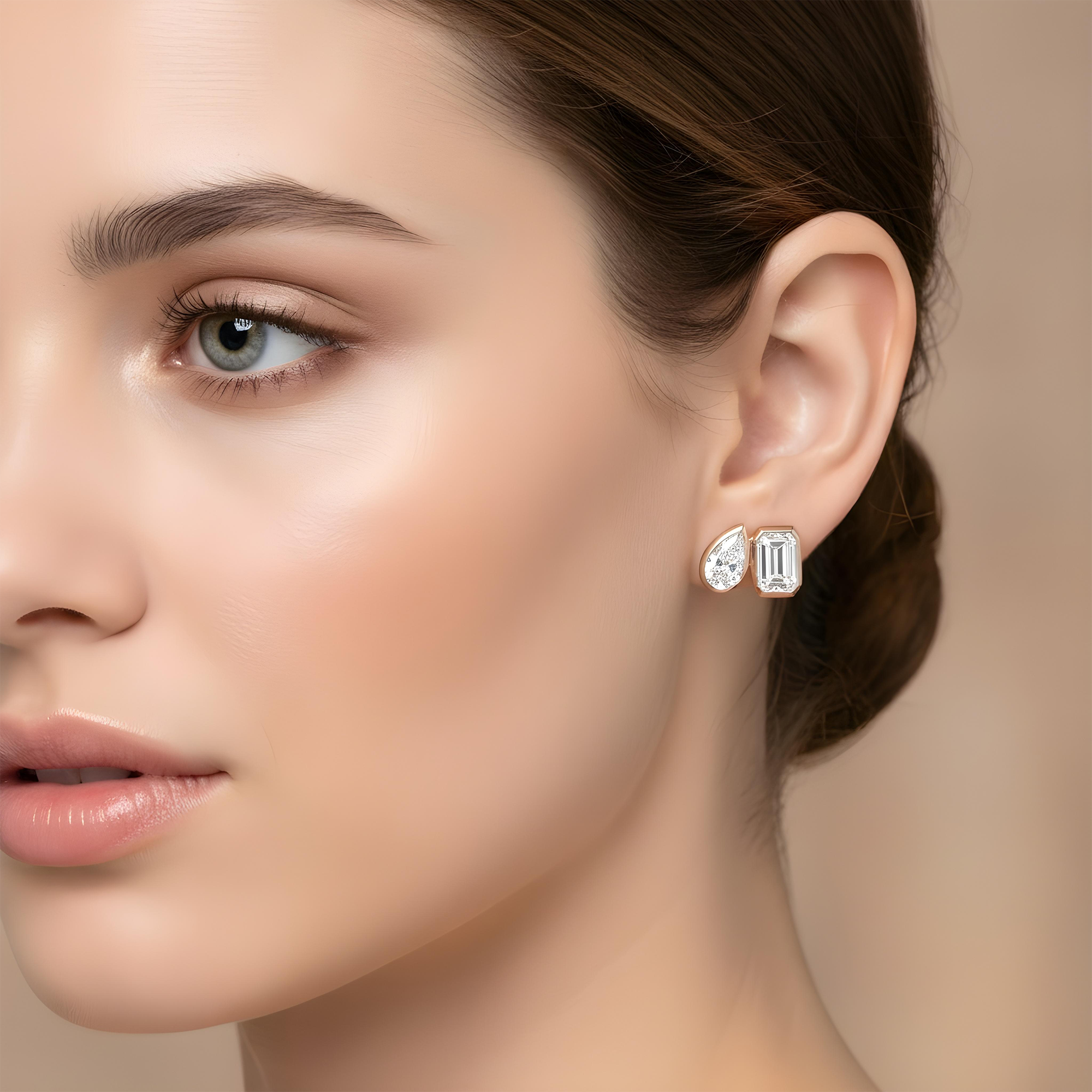14K White Gold Toi et Moi Pear & Emerald Double Diamond Stud Earrings 3.08ctw