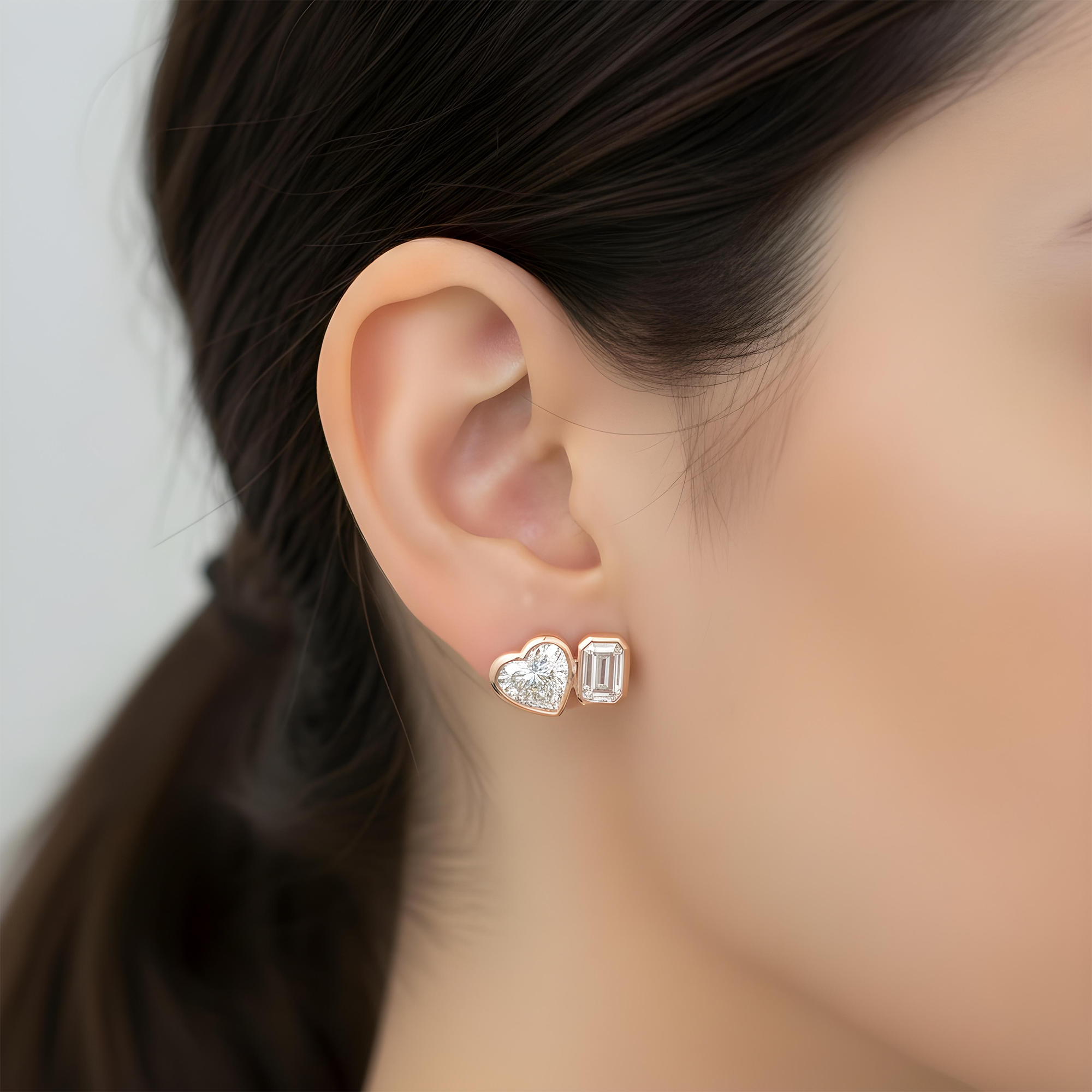 14K White Gold Heart & Emerald Cut Diamond Stud Earrings 3.14ctw