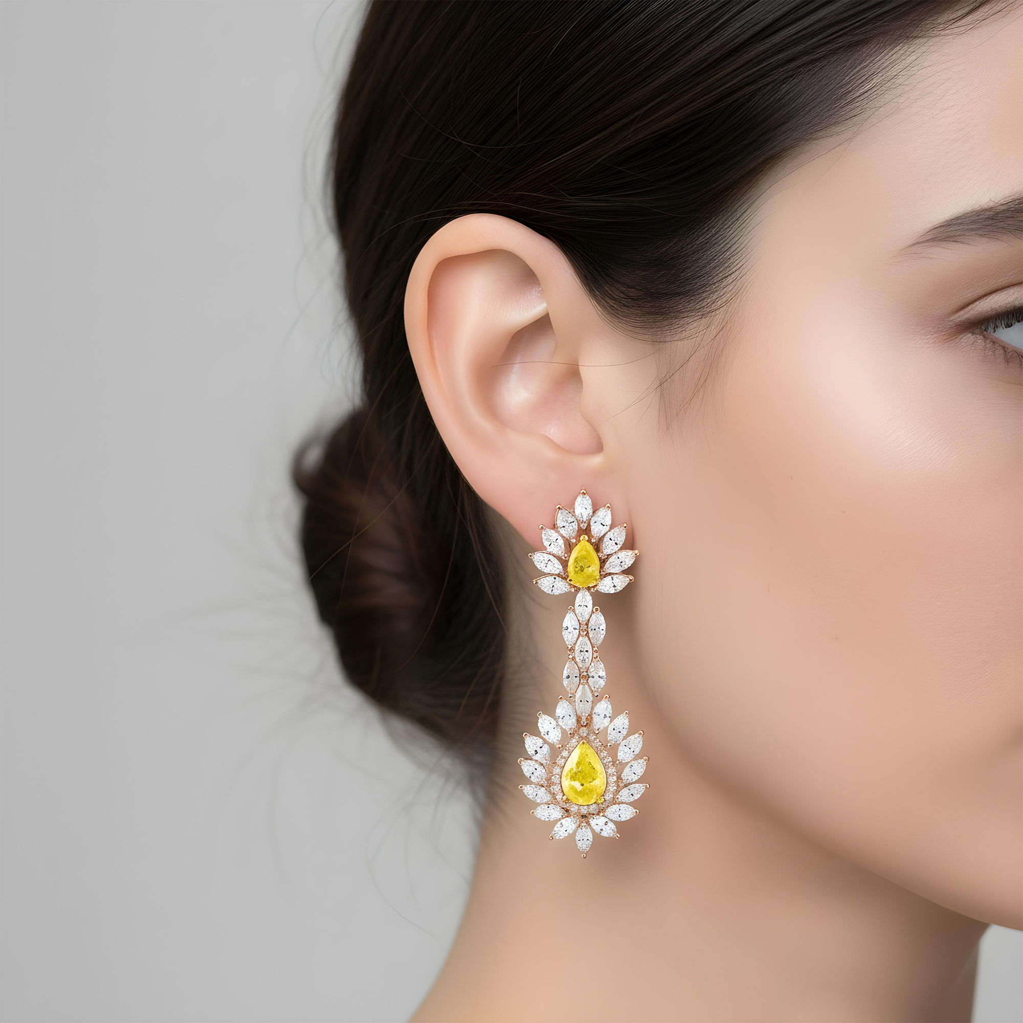 14K White Gold Multi Cut Fancy Yellow Drop Earrings 13.64ctw