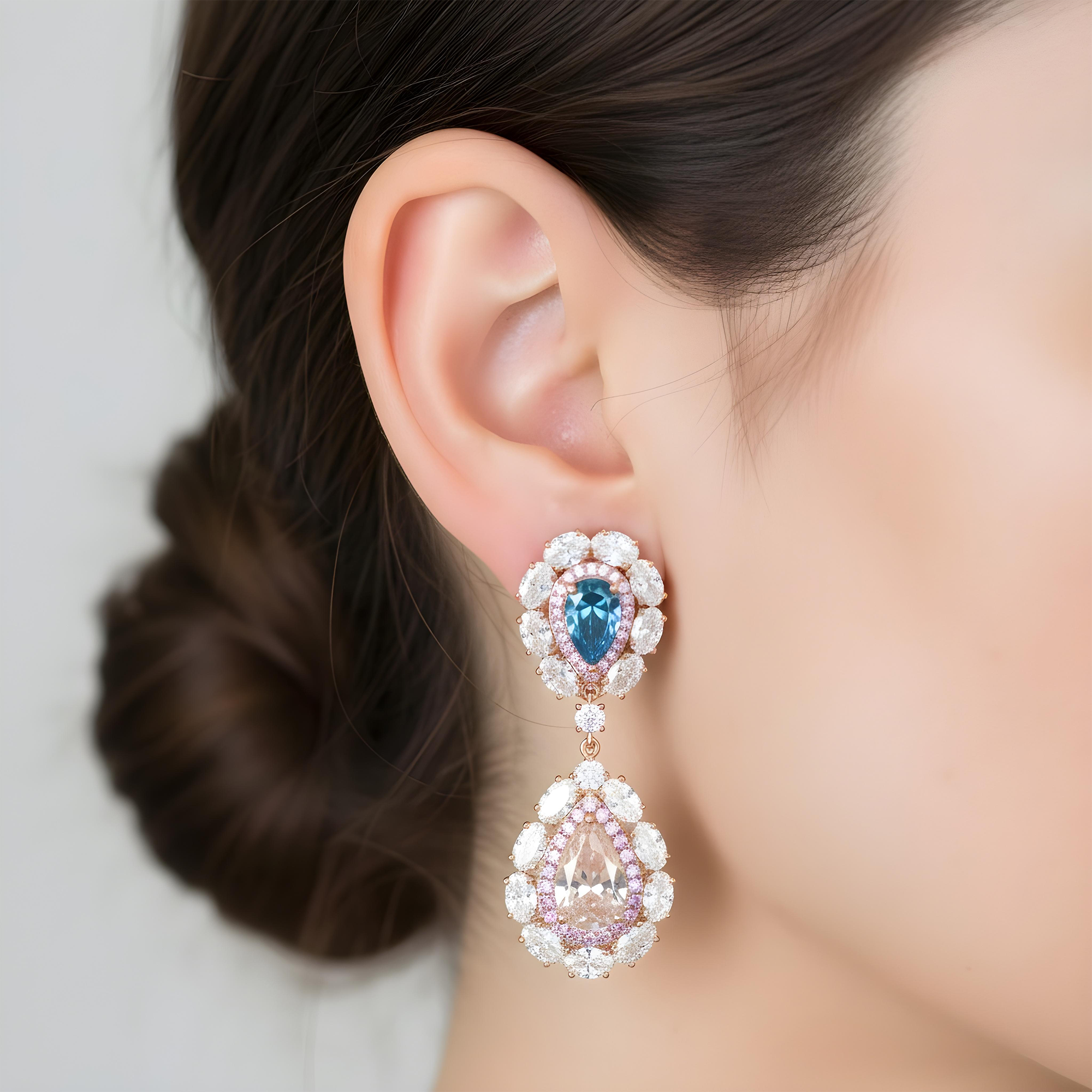 14K White Gold Multi Cut Fancy Pink & Blue Diamond Drop Earrings 14.02ctw