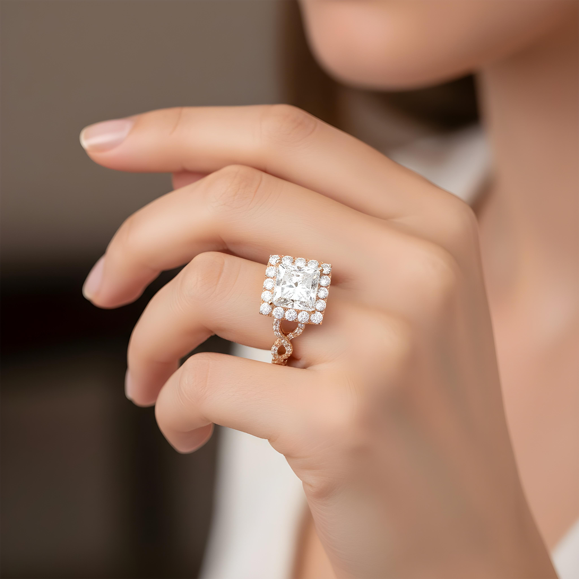 18K White Gold 4ct Princess Cut Diamond Engagement Ring w/ halo 5.32ctw