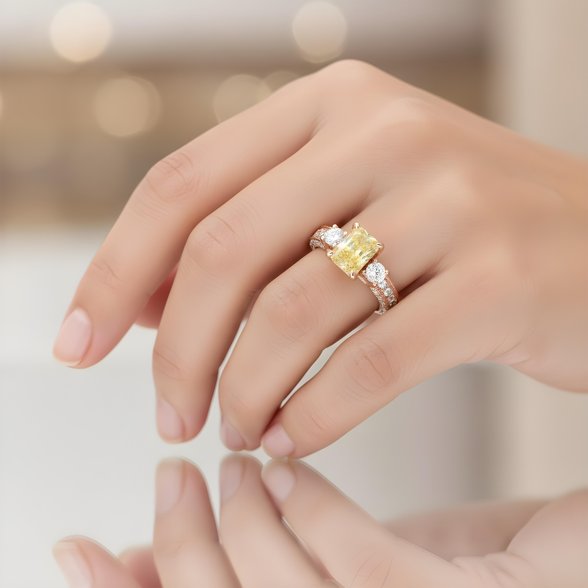 18K Yellow Gold 2ct Radiant Cut Fancy Vivid Yellow Diamond Ring 3.23ctw