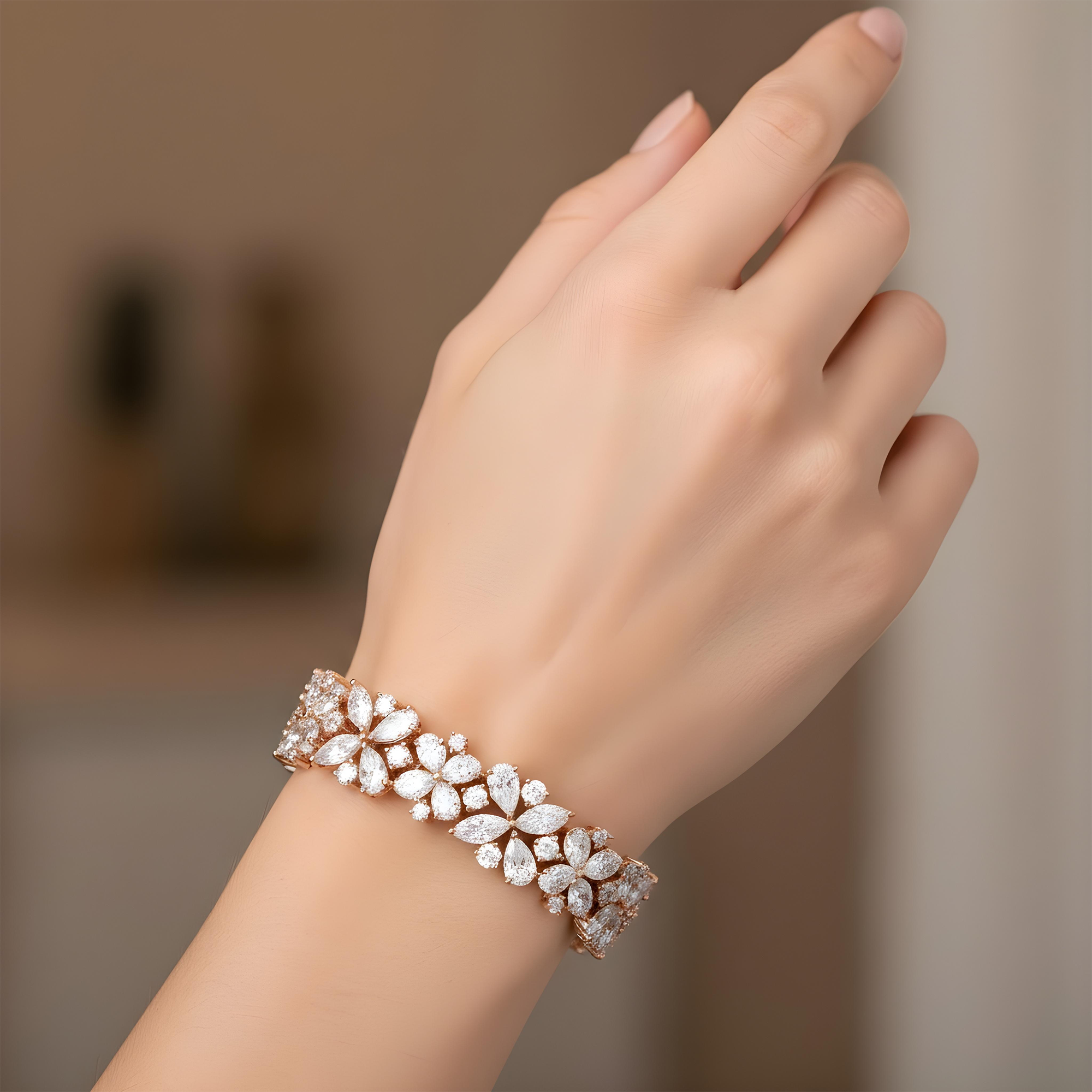 14K White Gold String of Flowers Multi Cut Diamond Bracelet 33.72ct