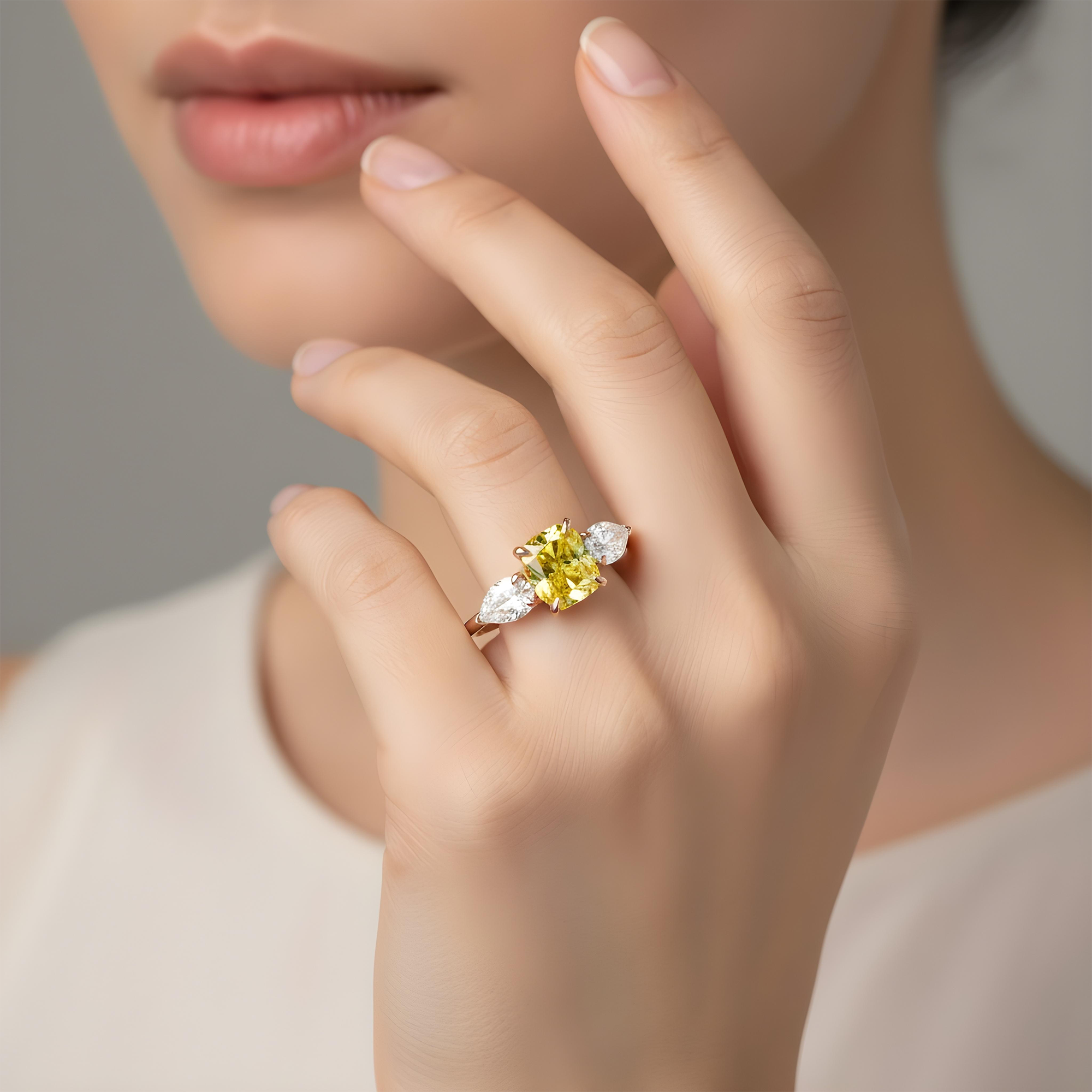 GIA Platinum 2.74ct Fancy Vivid Yellow Cushion Triple Diamond Ring 3.74ctw