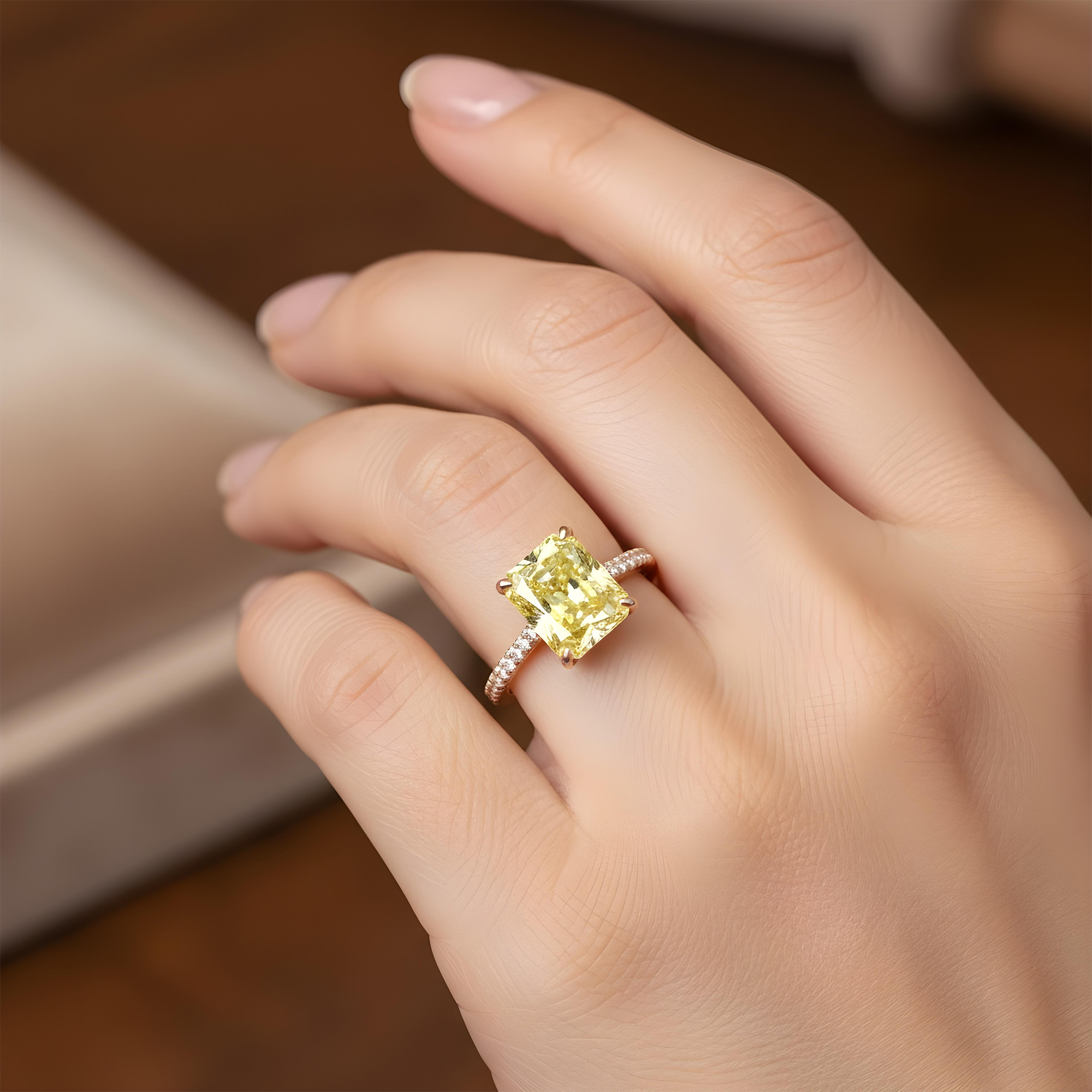 GIA Platinum 6.42ct Radiant Cut Fancy Yellow Diamond Ring 6.82ctw