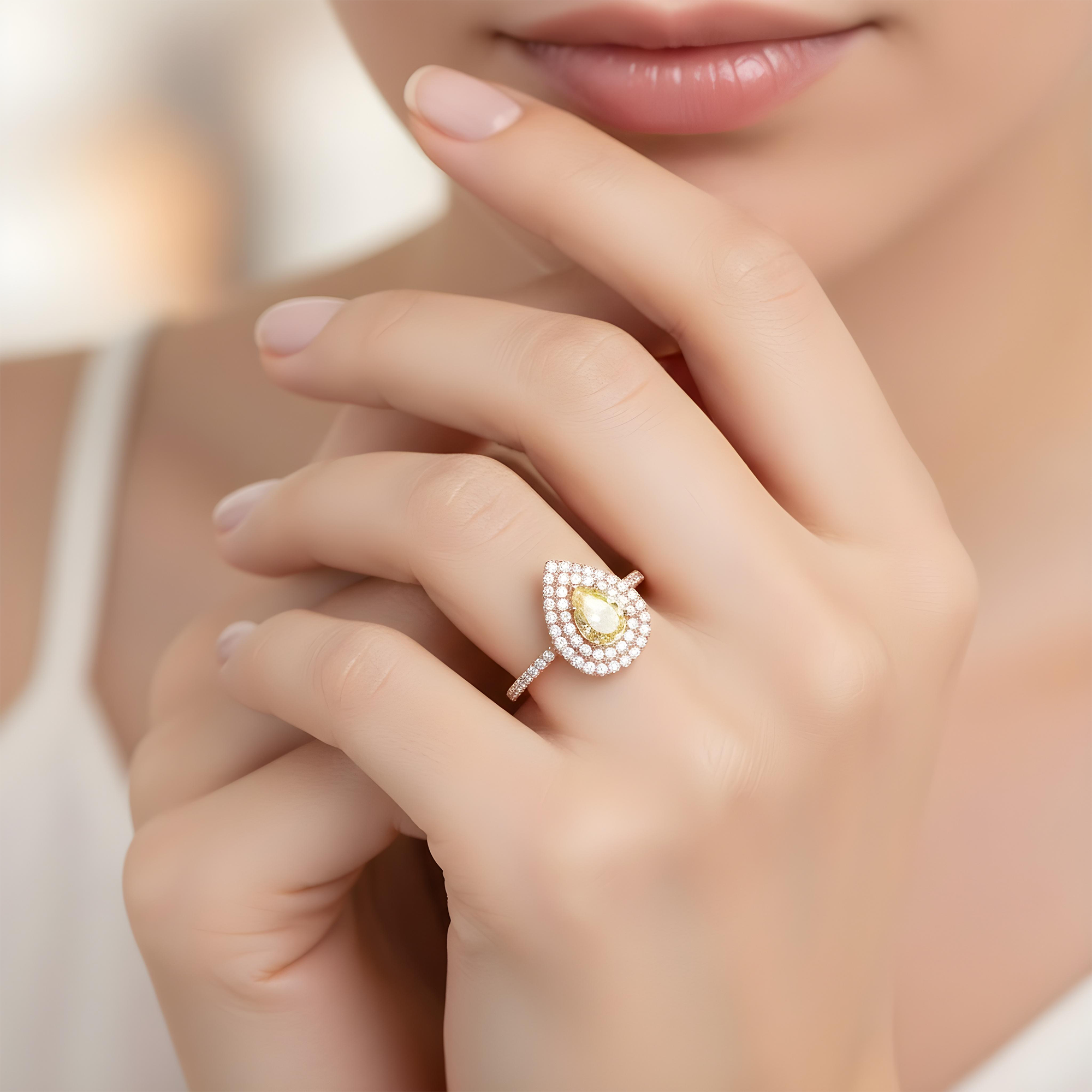 GIA 18K White Gold 1.03ct Pear Cut Fancy Yellow Diamond Ring 1.73ctw