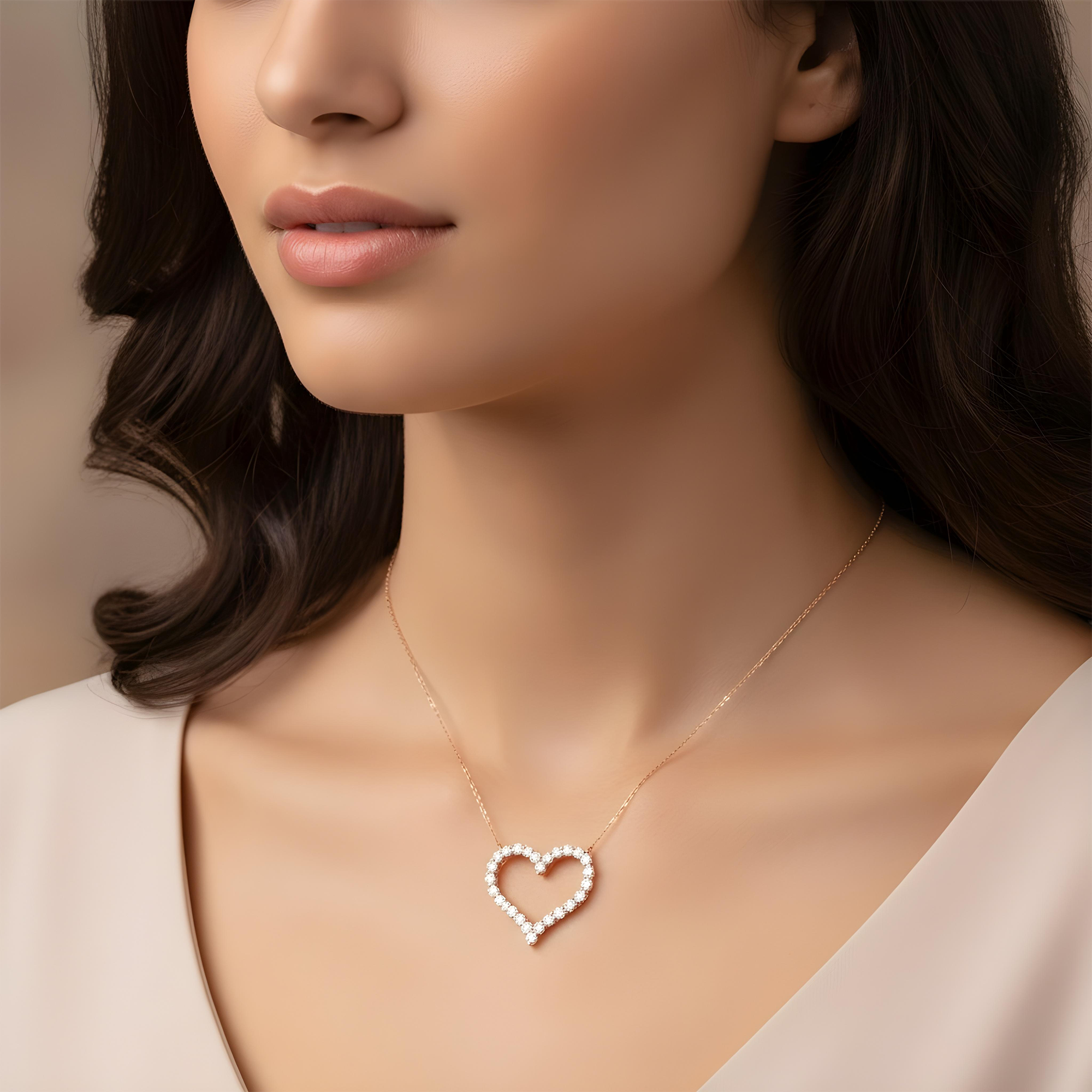 14K Yellow Gold Round Diamond Open Heart Necklace 5.82ct