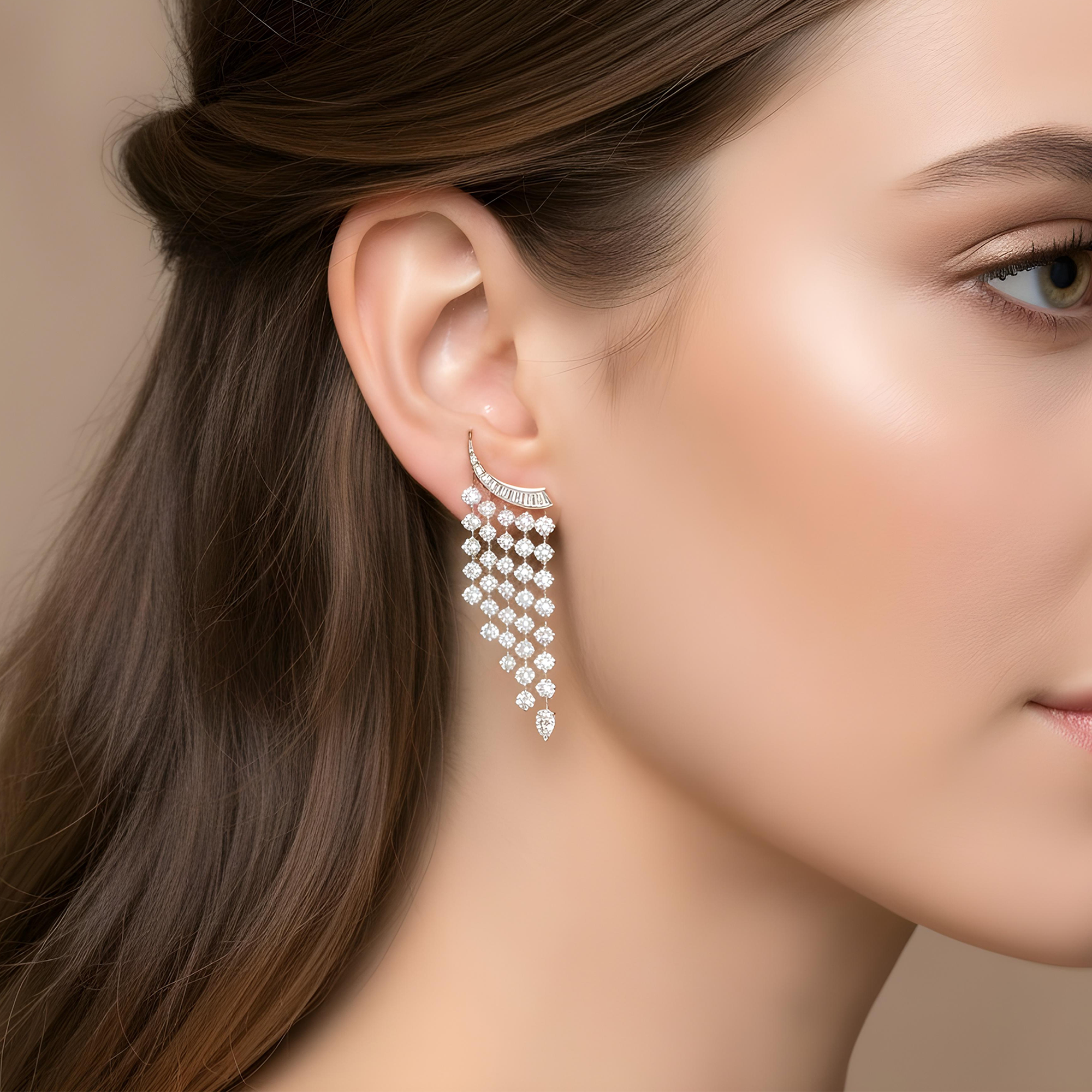 18K White Gold Round Diamond Waterfall Earrings 11.06ctw