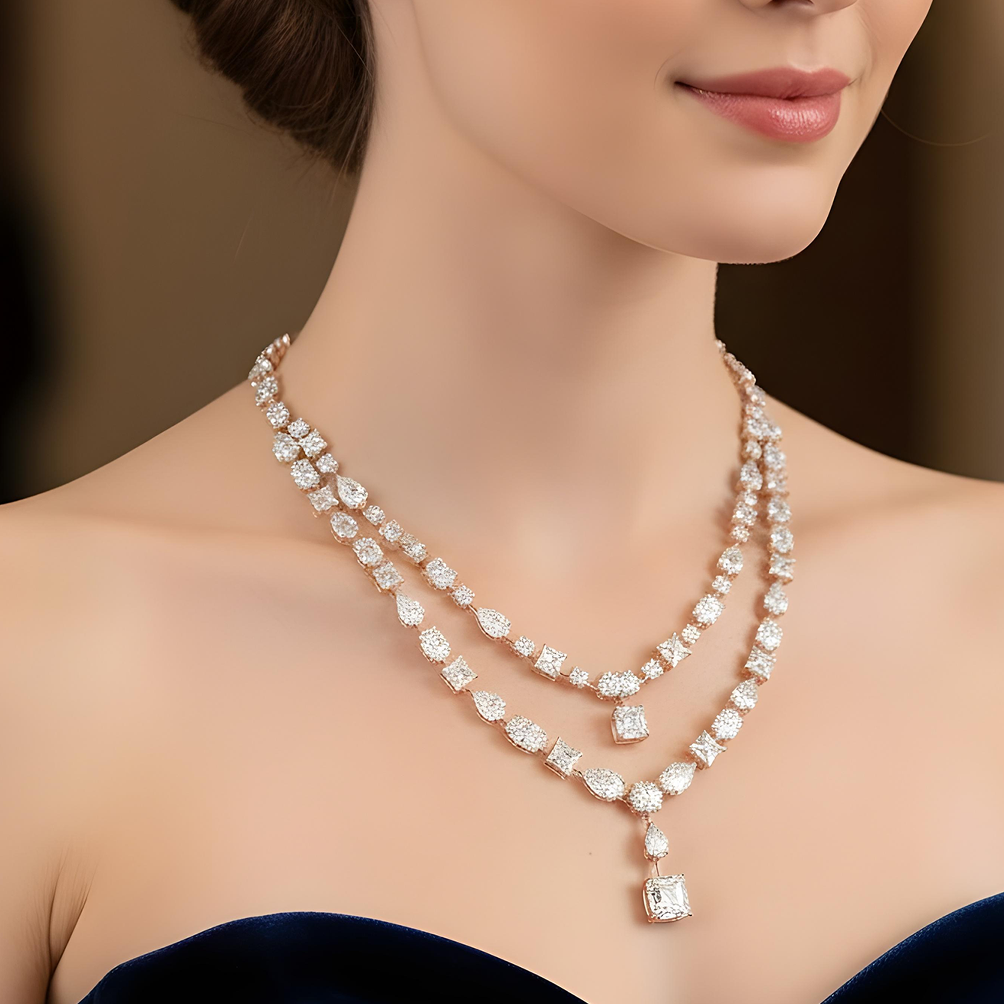 18K White Gold Multi Cut Diamond Double Row Drop Necklace 72.74ct