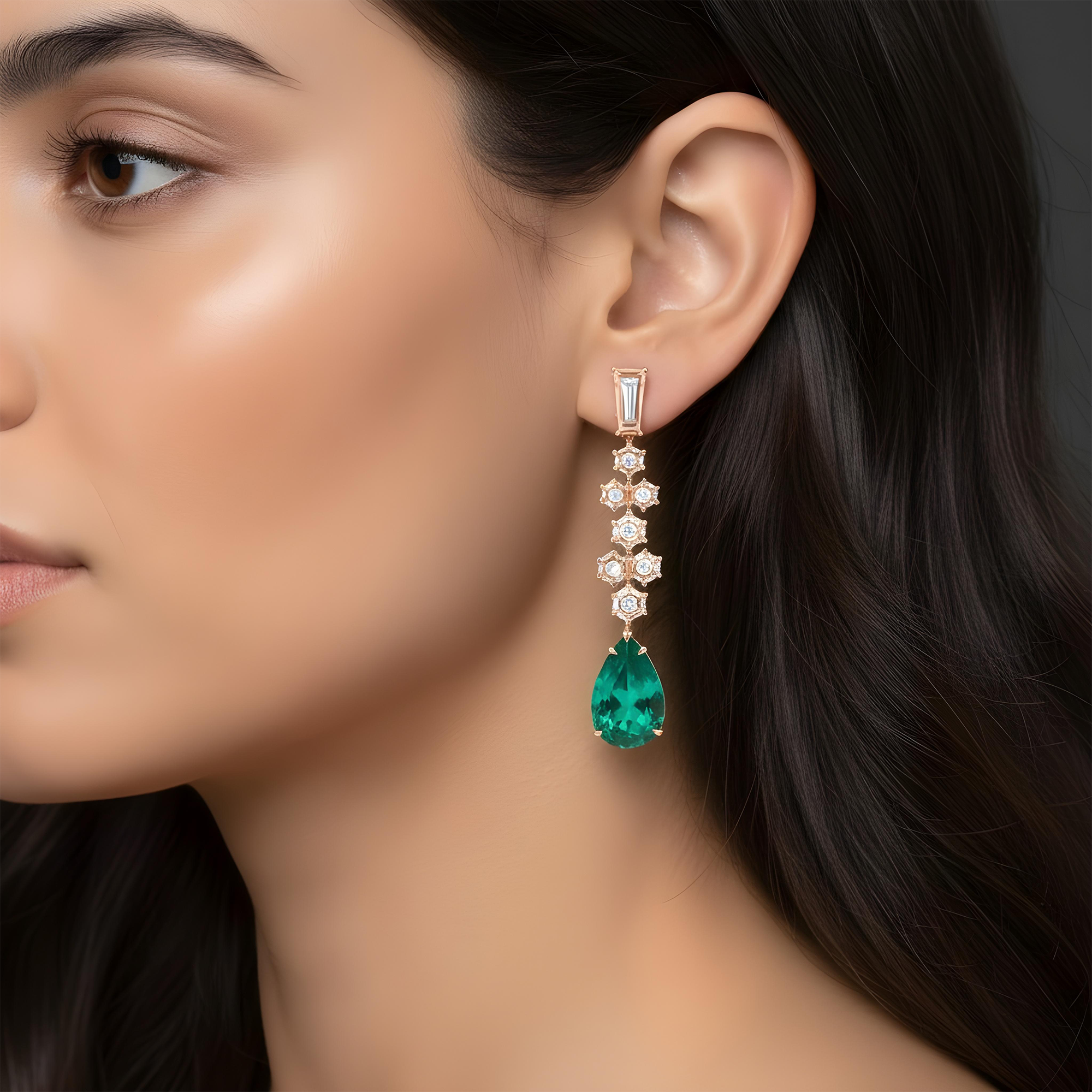 18K White Gold Hexagon Cut Diamond & Pear Cut Emerald Drop Earrings