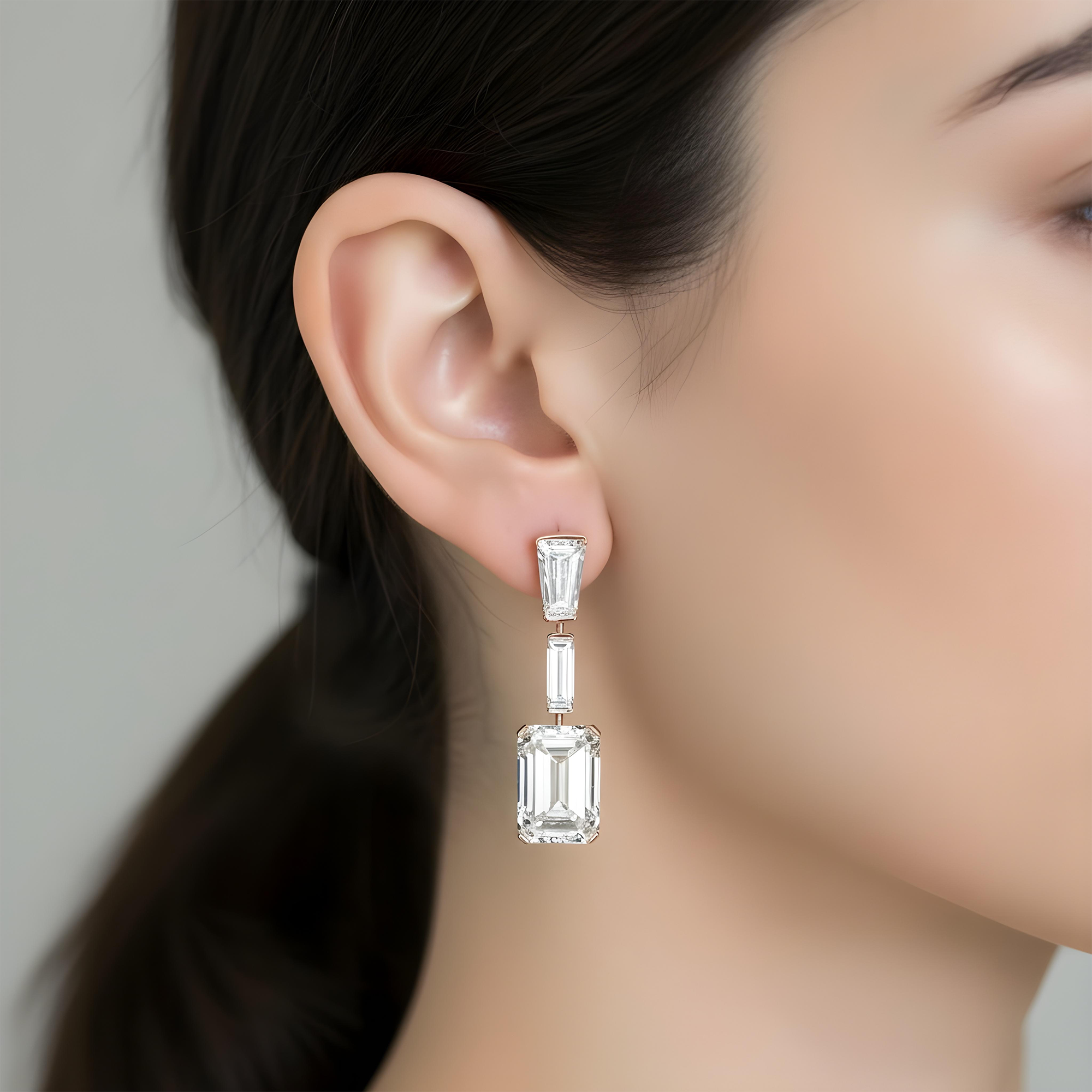 IGI 18K White Gold Triple Tier Emerald Cut Diamond Drop Earrings 19.36ctw