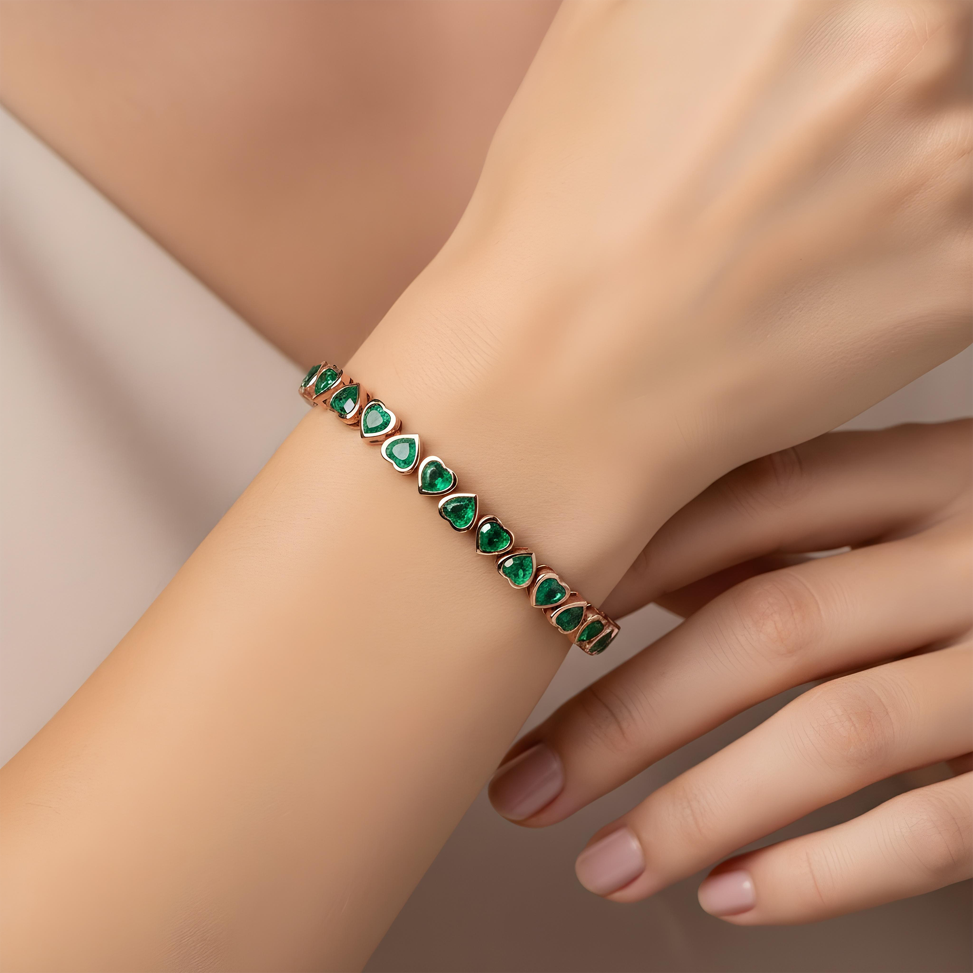 14K Yellow Gold Bezel Set Heart Emerald Bracelet 8.23ct