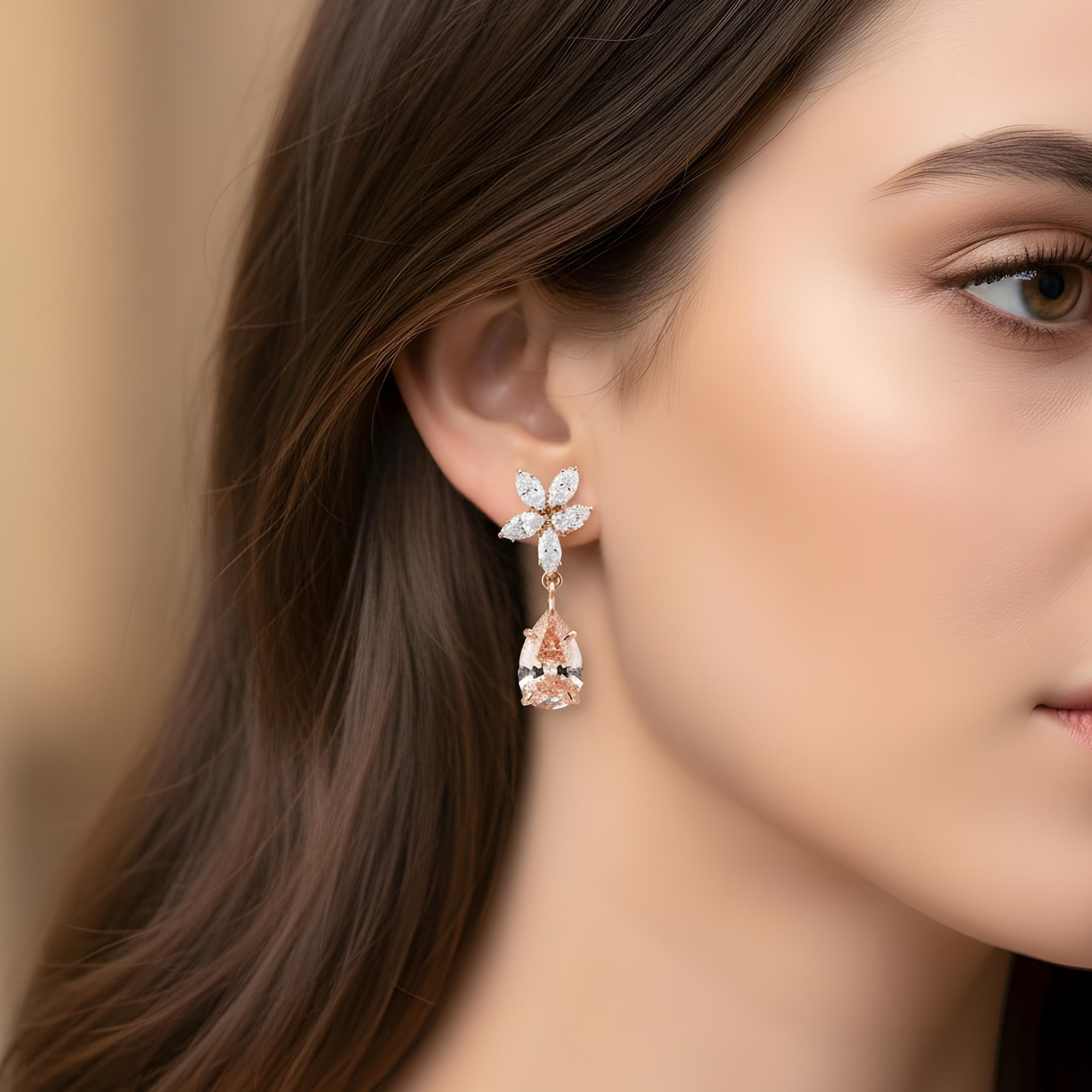 18K White Gold Pear Cut Pink Vivid Diamond Mini Flower Drop Earrings 4.17ctw