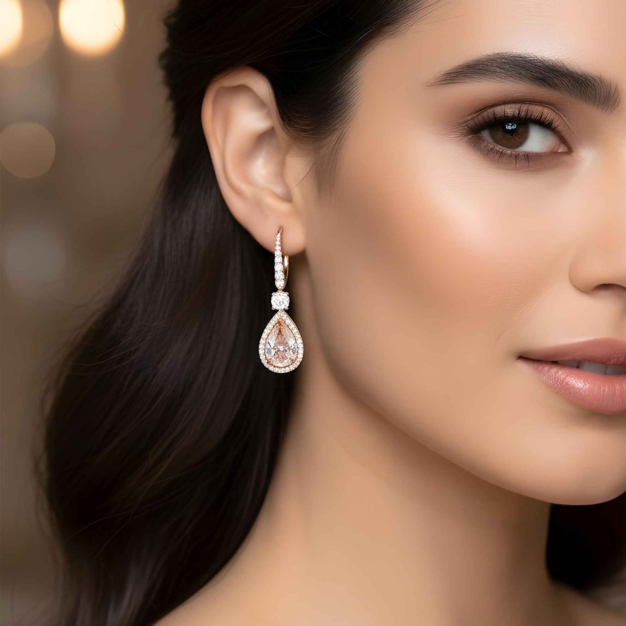18K Two Tone Pear Cut Pink Vivid Diamond Drop Earrings 5.47ctw
