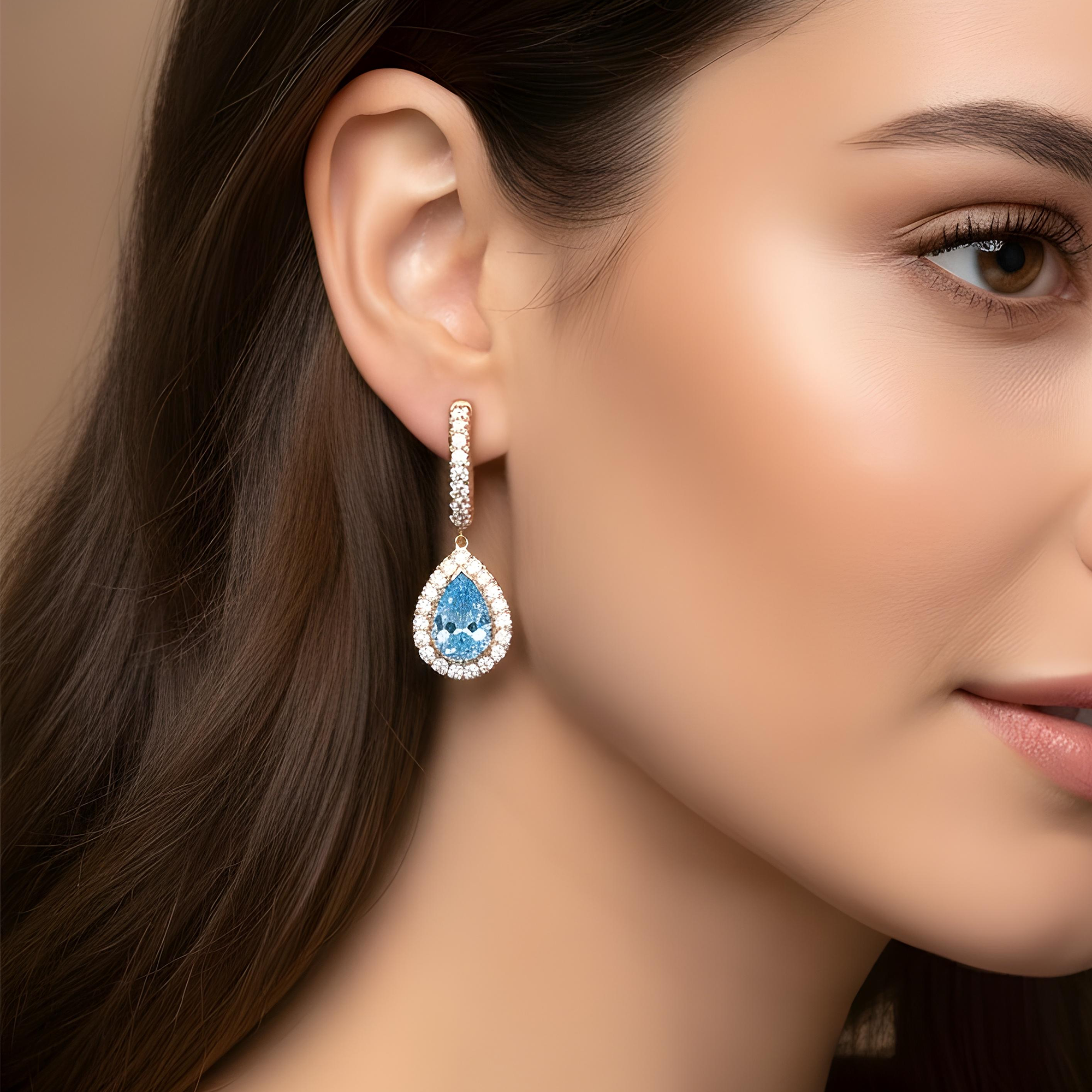 18K White Gold Pear Cut Fancy Vivid Blue Diamond Teardrop Earrings 2.95ctw