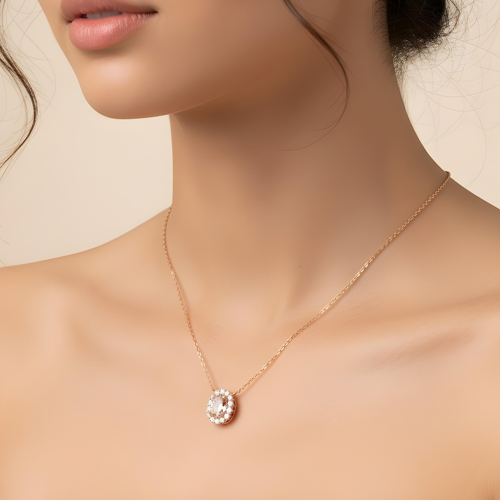 18K White Gold Oval Cut Fancy Pink Diamond Necklace 1.38ct