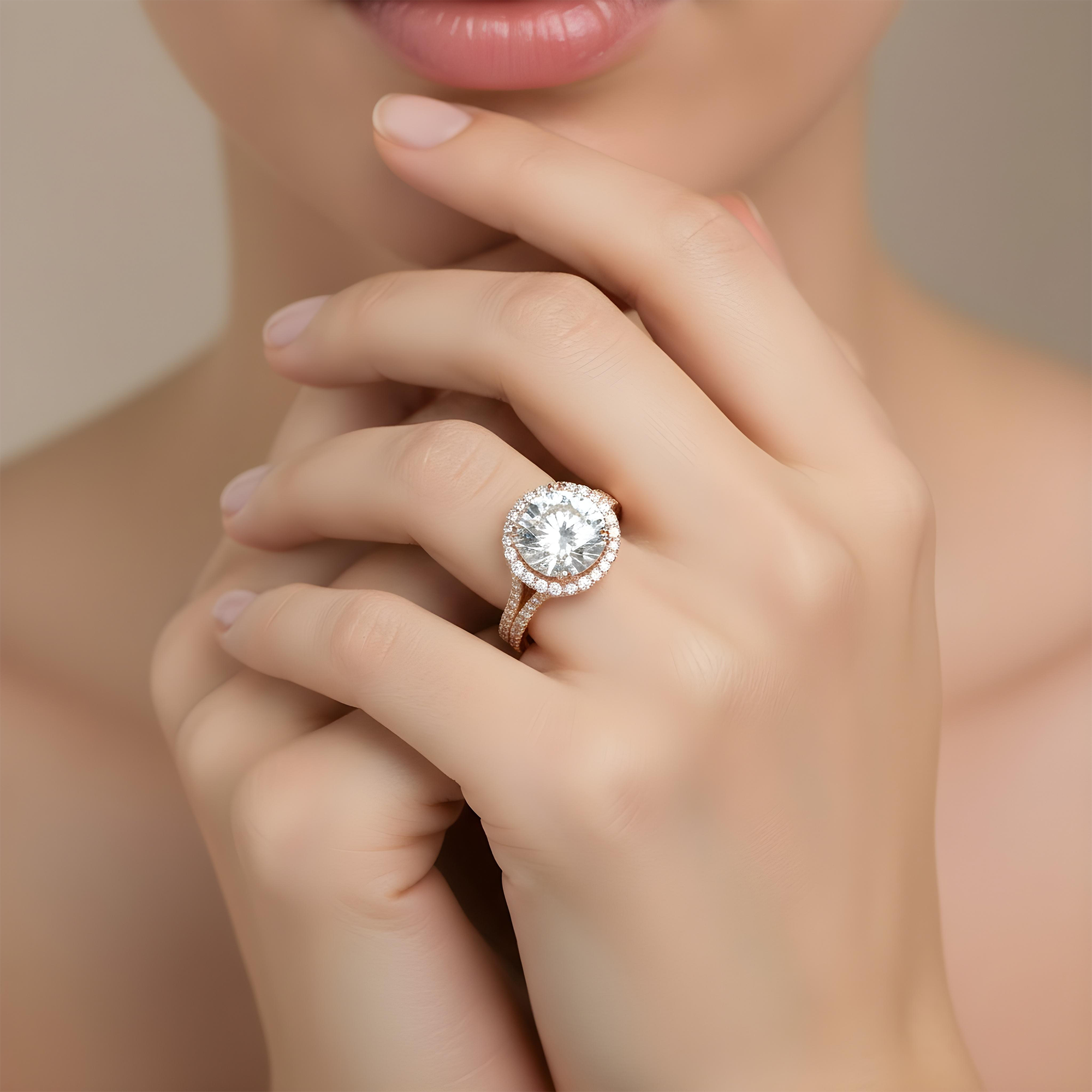 18K White Gold 3.28ct Round Cut Diamond Engagement Ring W/ Halo 4.08ctw