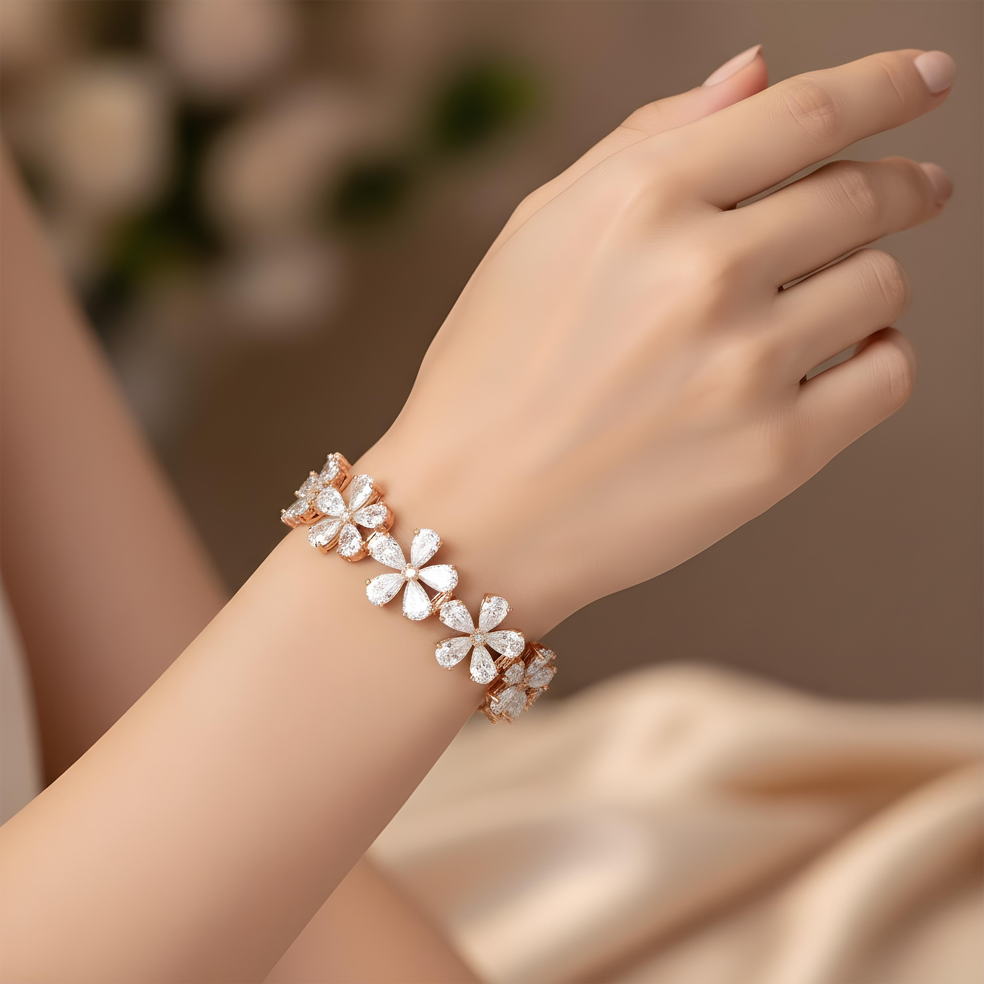 14K White Gold Pear Cut Diamond Full Bloom Flower Bracelet 26.50ct