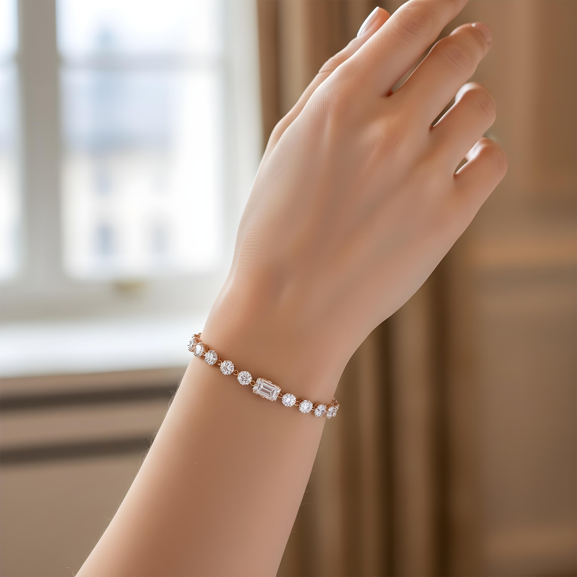 14K Two Tone Emerald & Round Cut Diamond Satellite Bracelet 6.06ct