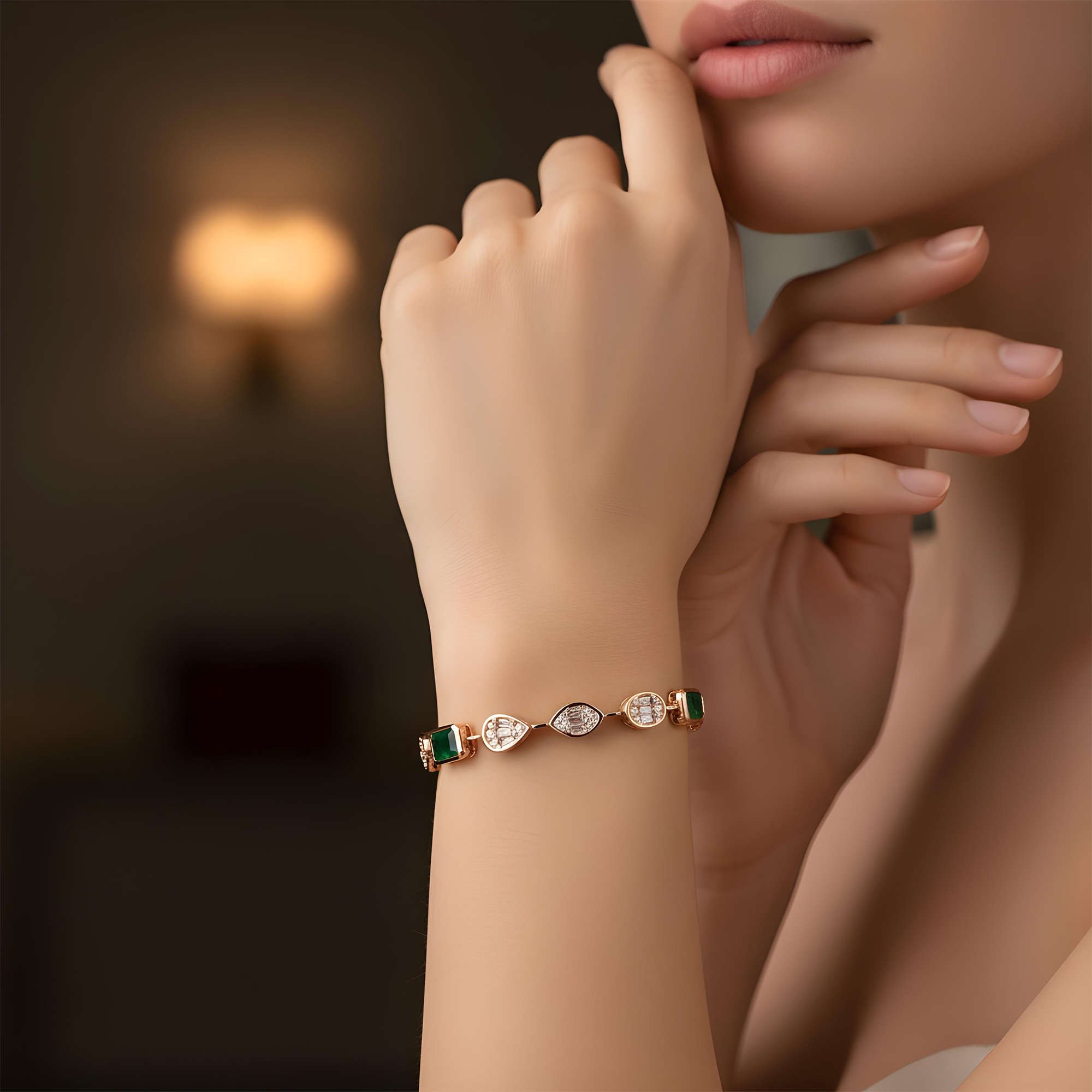 14K White Gold Emerald & Diamond Satellite Bracelet 5.34ctw