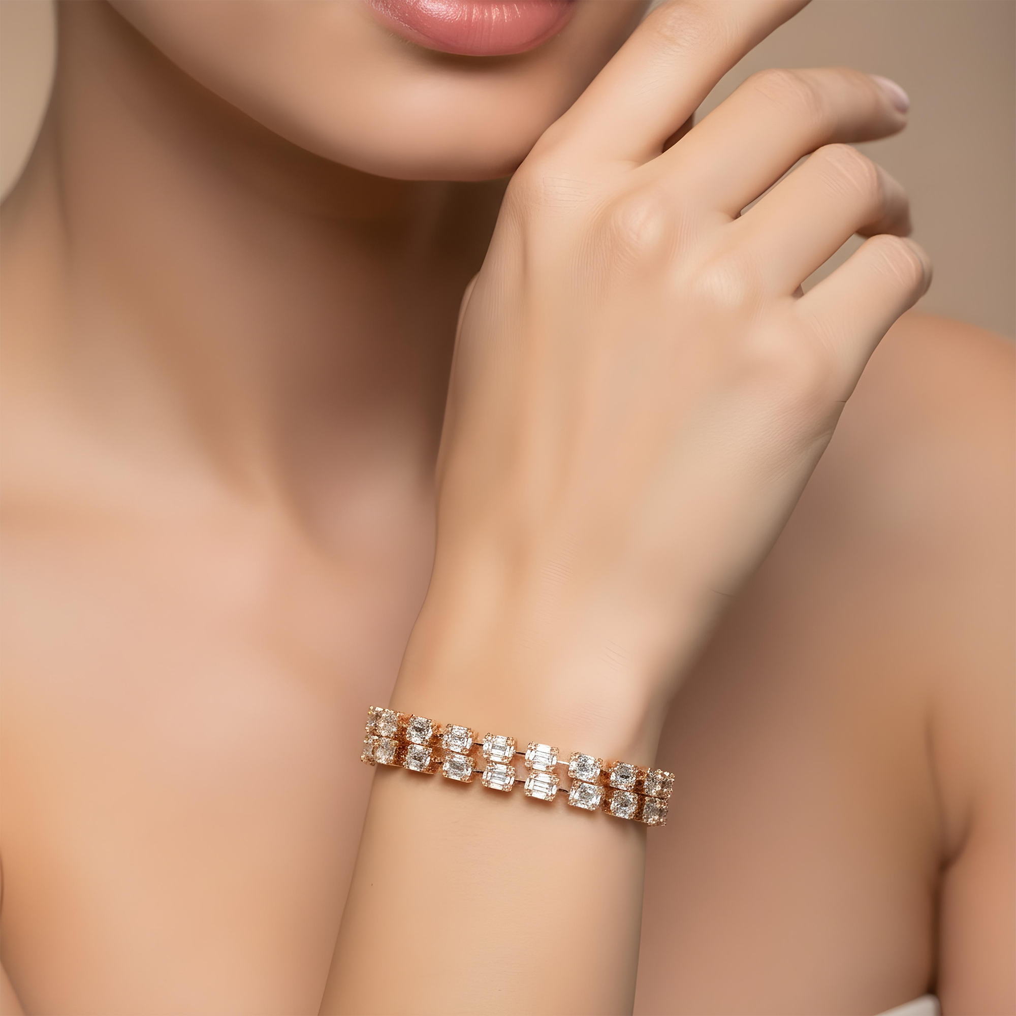 14K White Gold Double Row Baguette Diamond Bracelet 11.70ct
