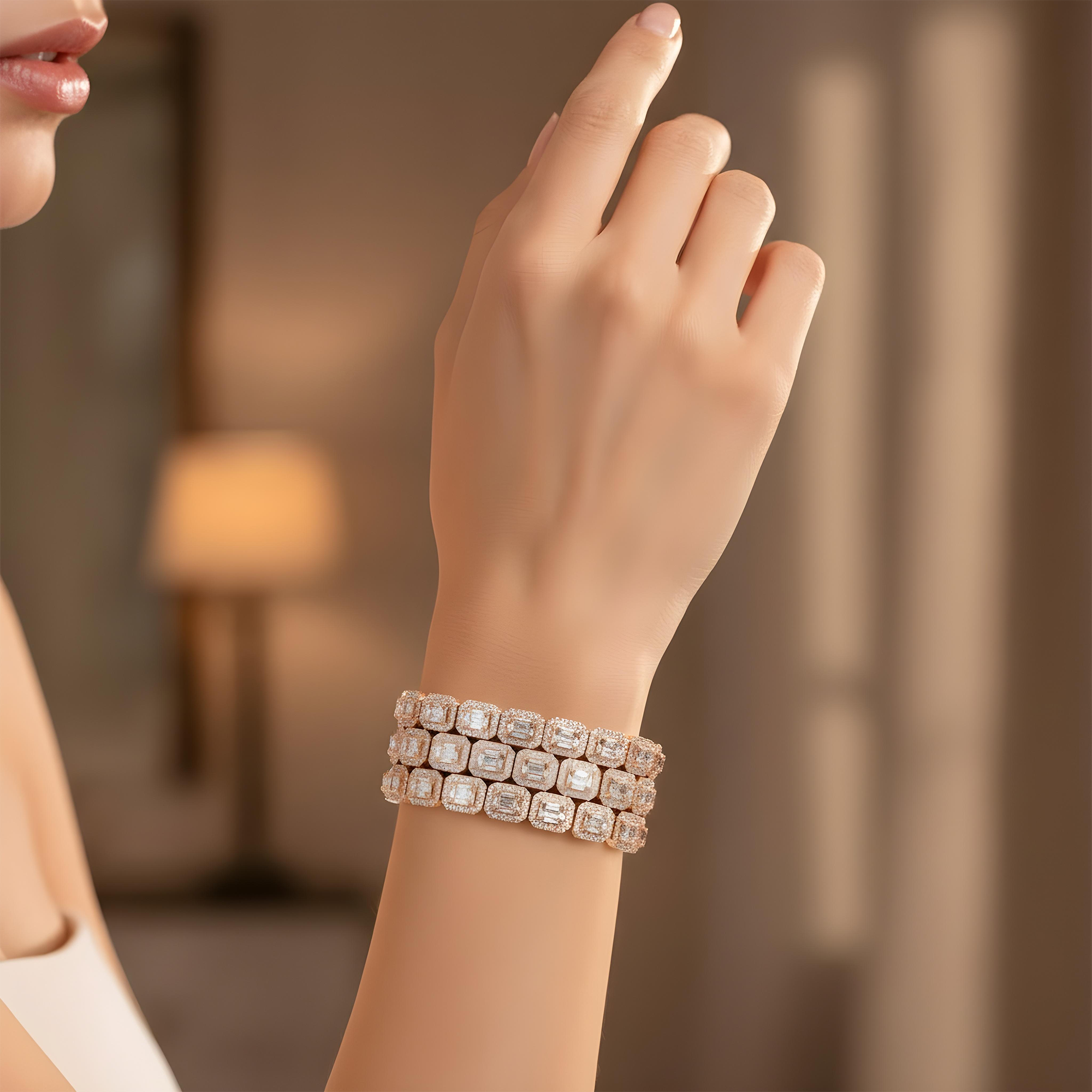 18K White Gold Triple Row Round & Baguette Cut Diamond Bracelet 17.44ct