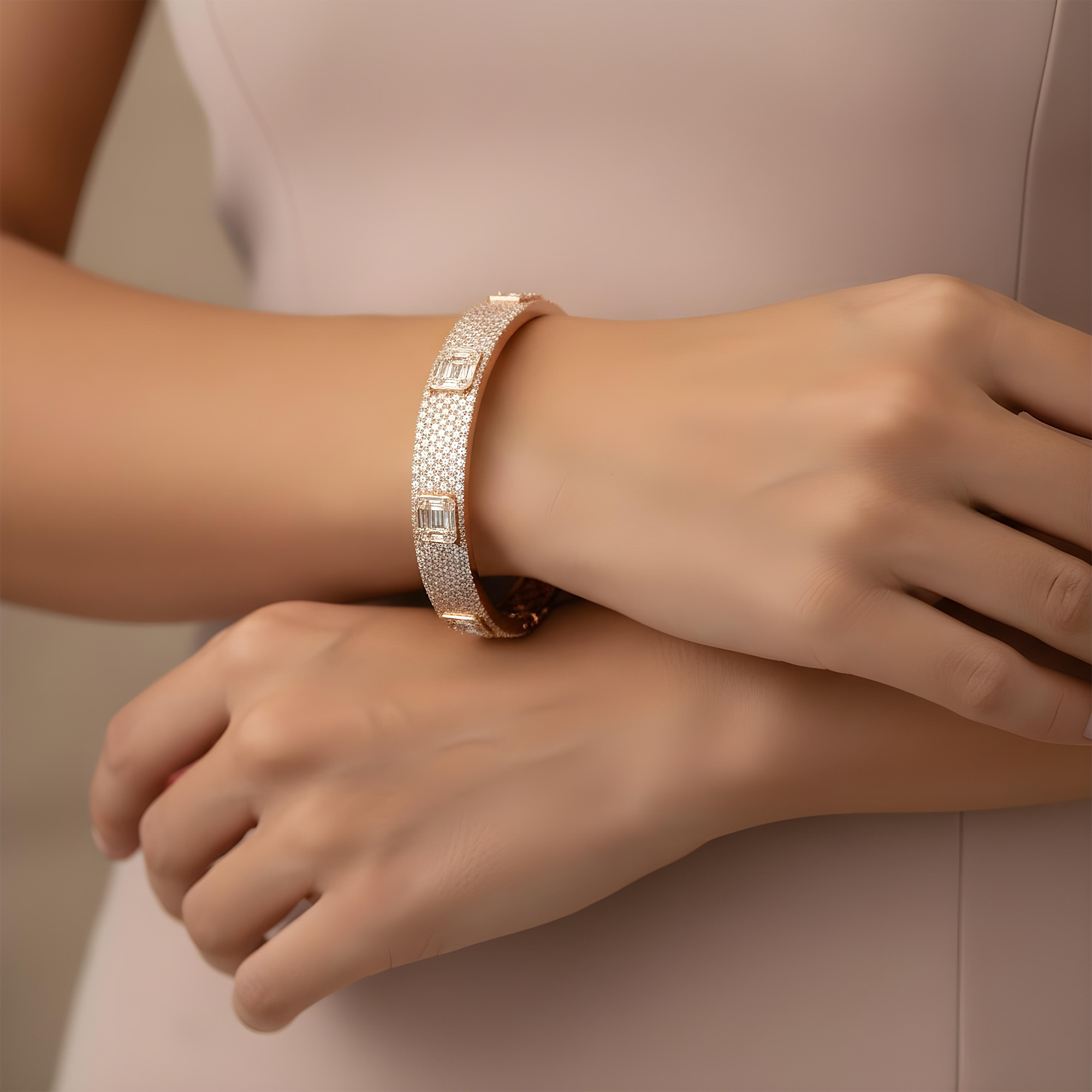 14K White Gold Baguette & Round Diamond Bangle Bracelet 3.30ct