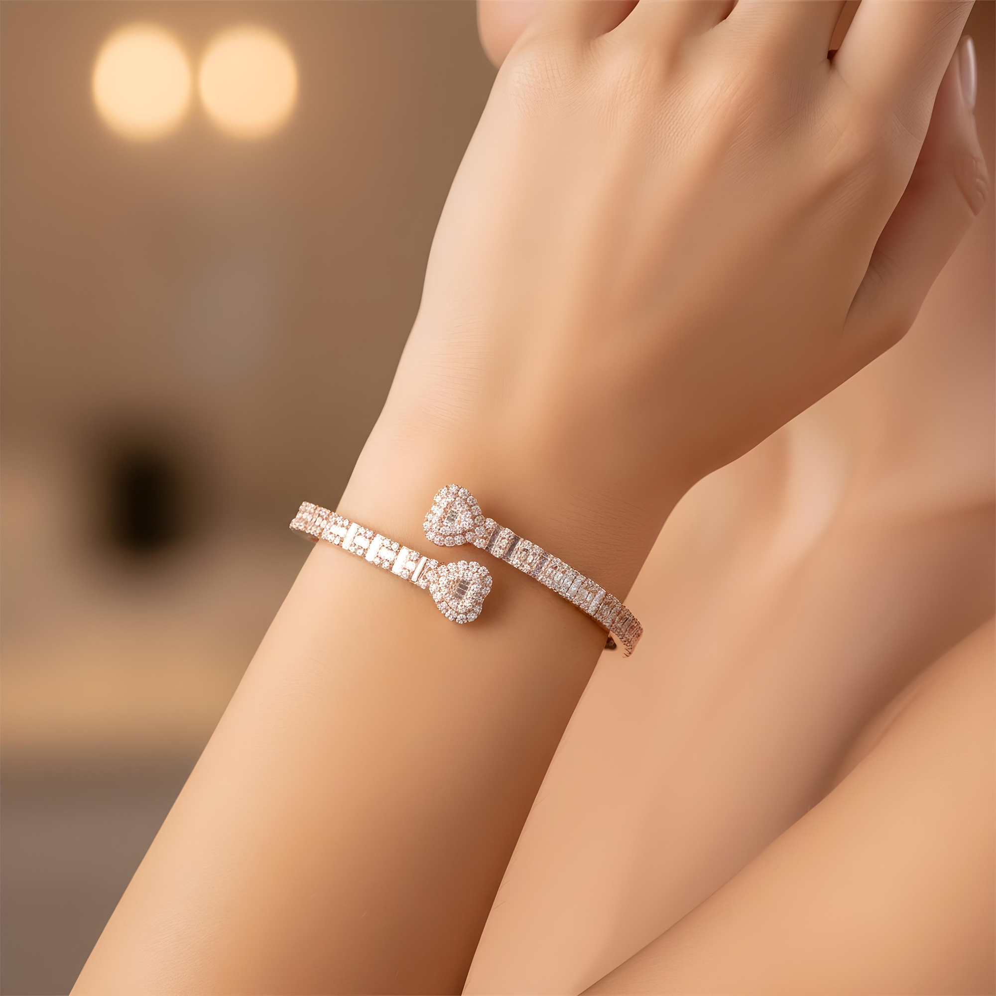 14K Yellow Gold Baguette & Round Diamond Heart Bangle Bracelet 4.50ct