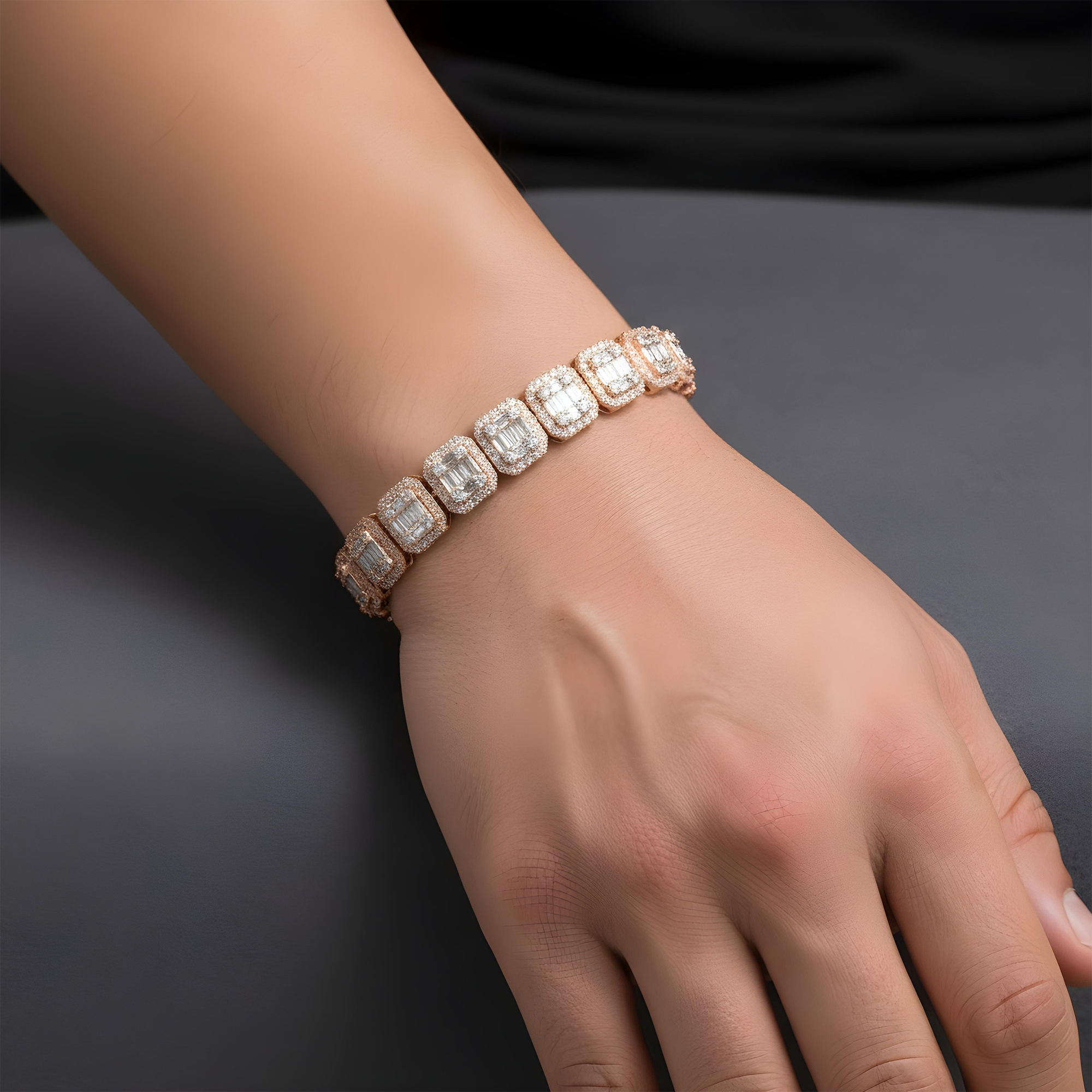 14K White Gold Square Link Baguette Diamond Bracelet 8.73ct