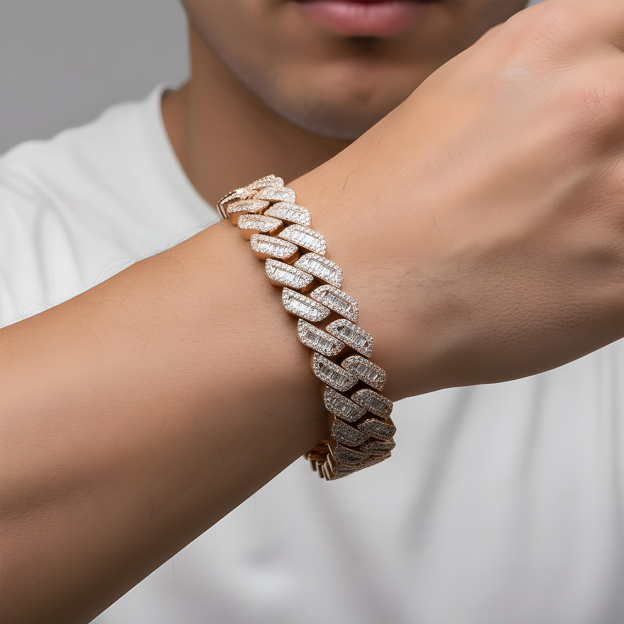14K White Gold 13mm Baguette Diamond Cuban Link Bracelet 9.62ct
