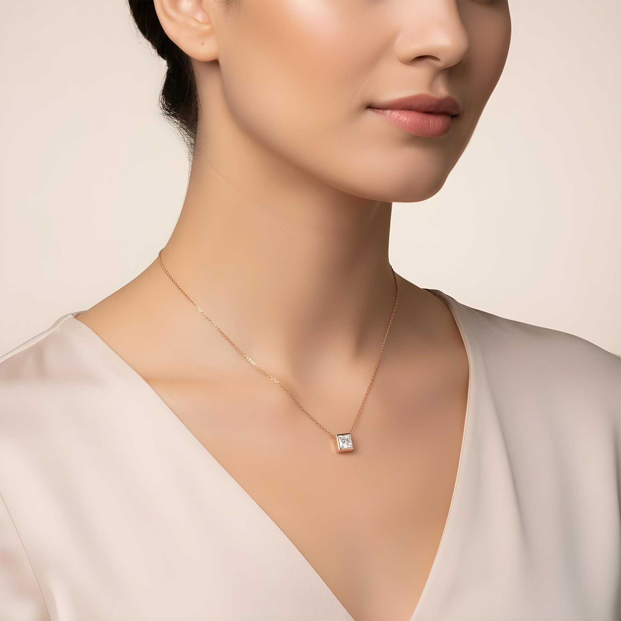 14K Yellow Gold Bezel Set Solitaire Princess Cut Diamond Necklace 1.01ct