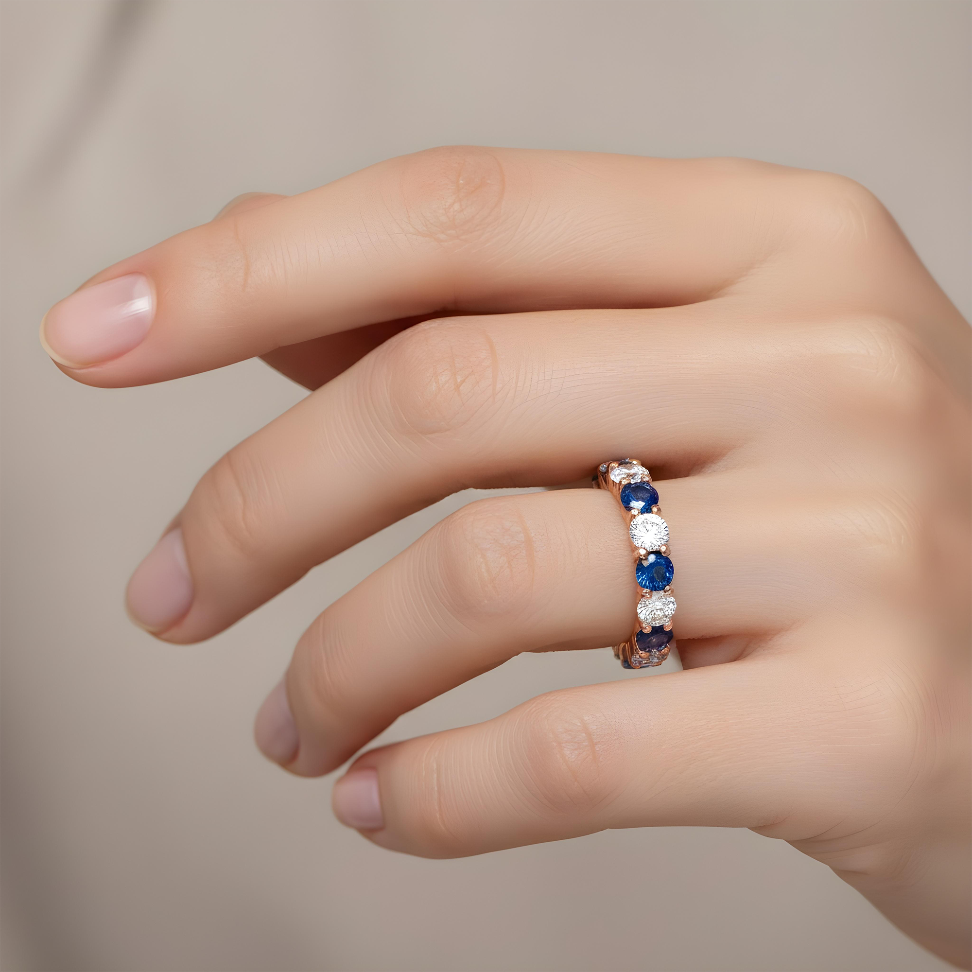 14K White Gold Round Sapphire & Diamond Eternity Ring 3.73ctw (size 6-8)