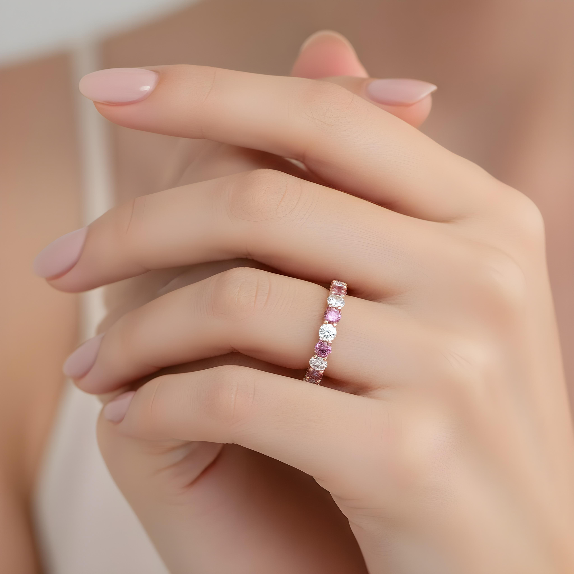 14K White Gold Round Cut Fancy Pink & White Diamond Eternity Ring 4.01ct