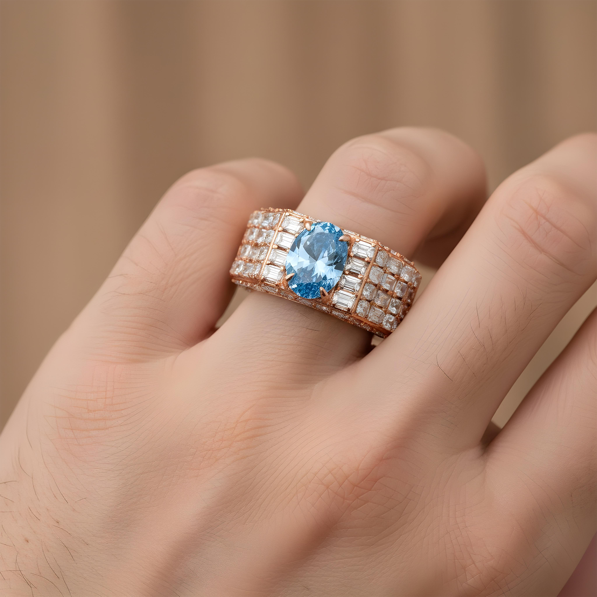 14K Whie Gold Emerald & Oval Cut Fancy Vivid Blue Diamond Ring 16.33ctw