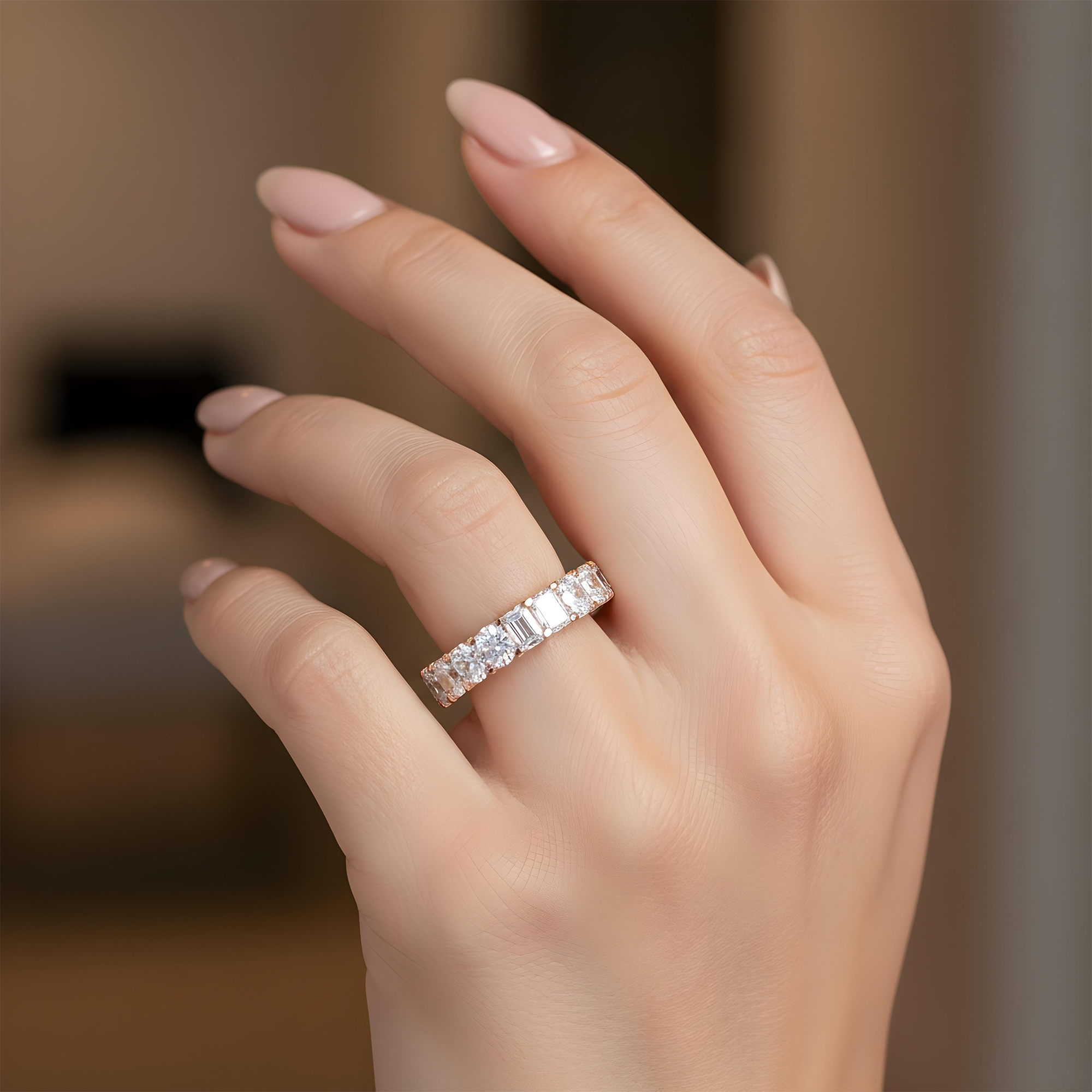 14K White Gold Half Round Half Emerald Cut Diamond Eternity Ring 3.27ct